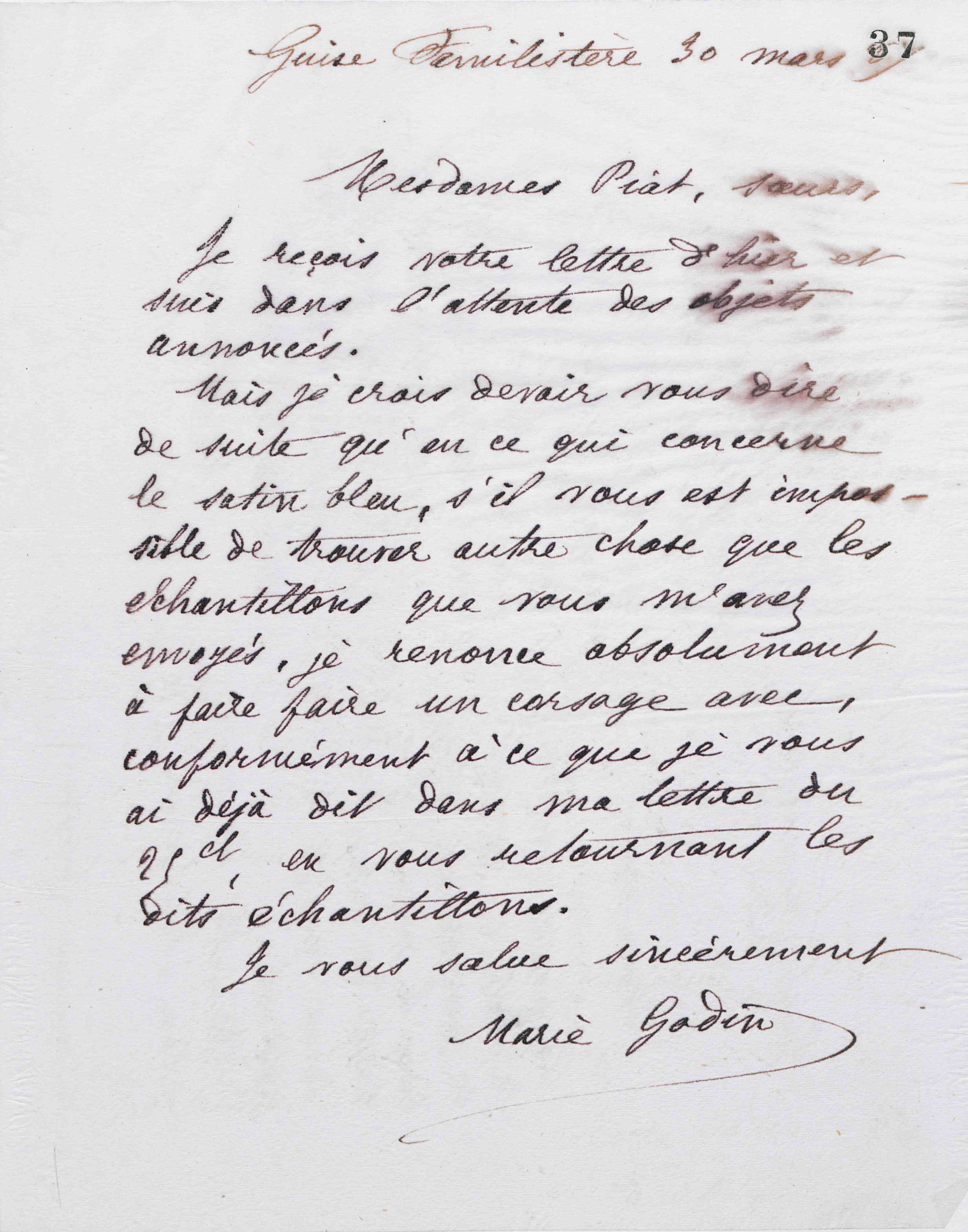 Marie Moret à Piat sœurs, 30 mars 1887