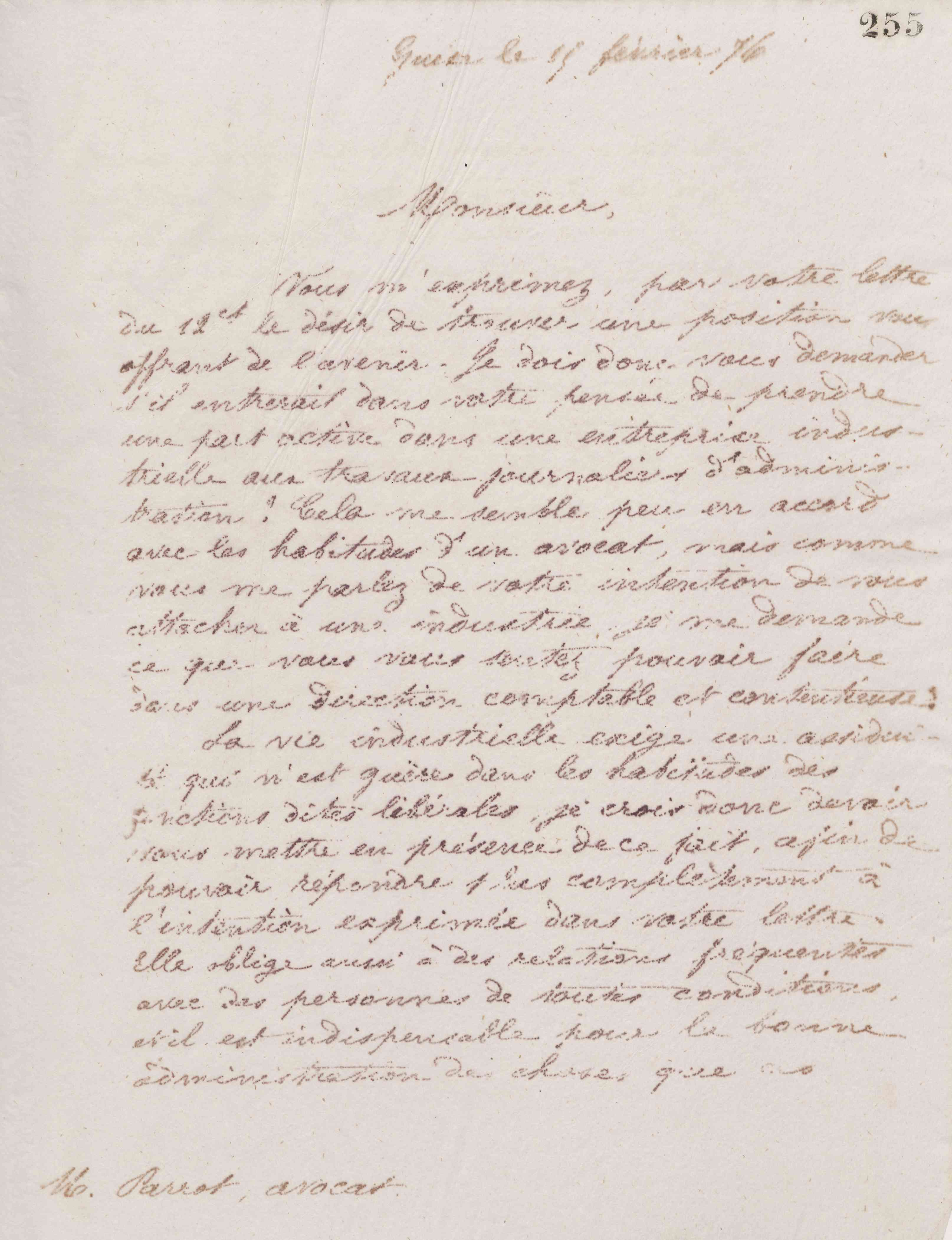 Jean-Baptiste André Godin à monsieur Parrot, 15 février 1876