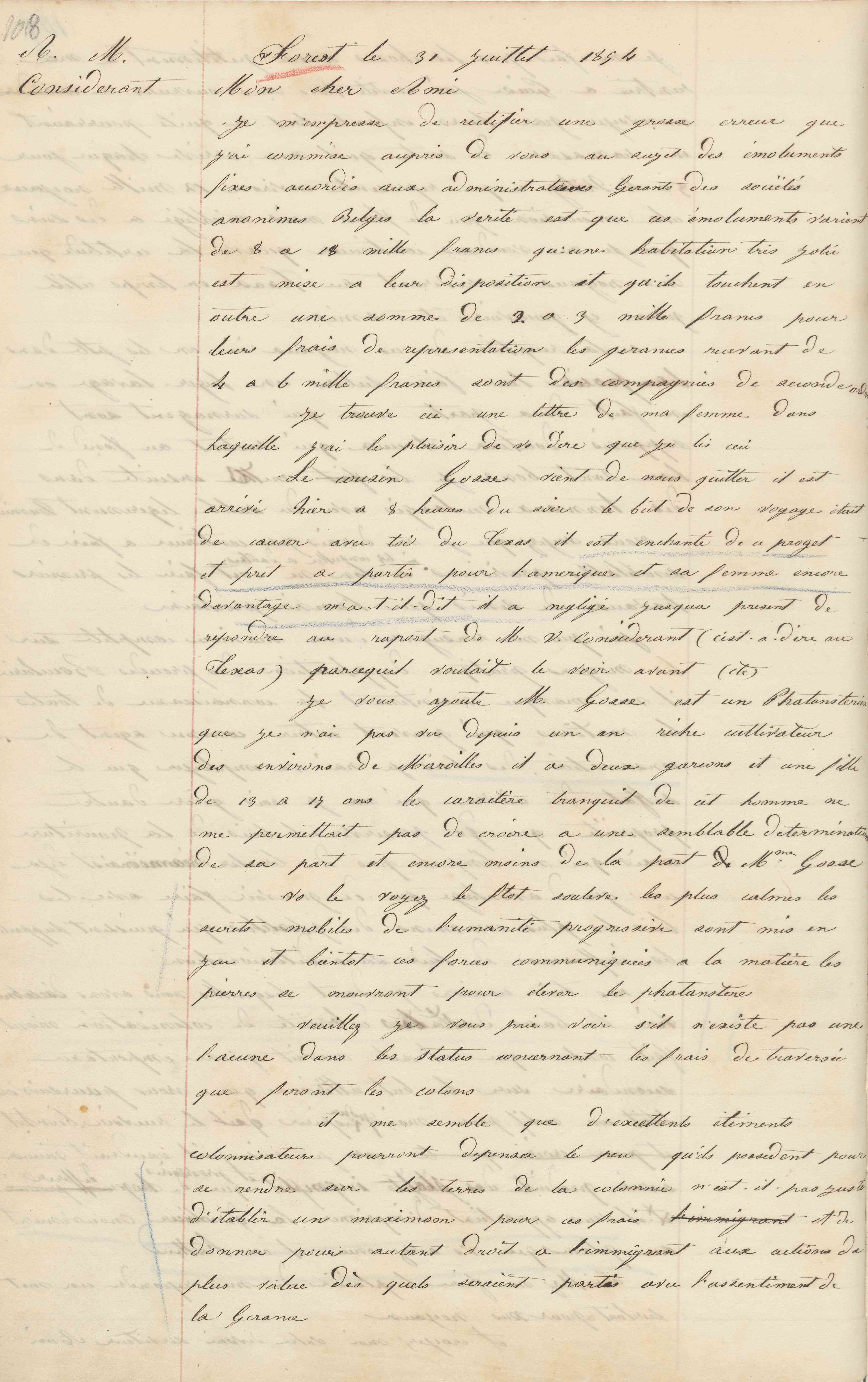 Jean-Baptiste André Godin à Victor Considerant, 31 juillet 1854