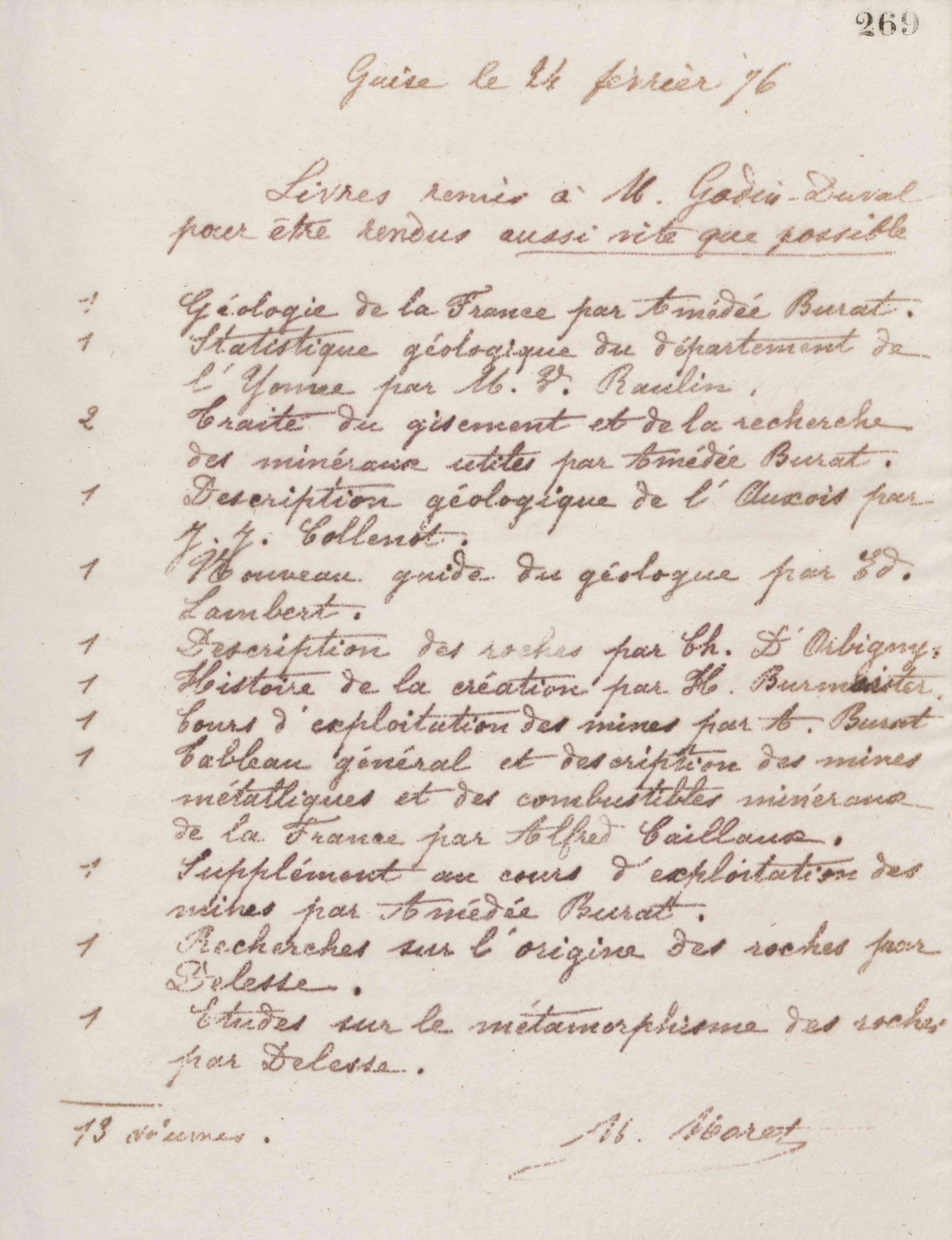 Marie Moret à Jean-Baptiste Godin-Duval, 24 février 1876