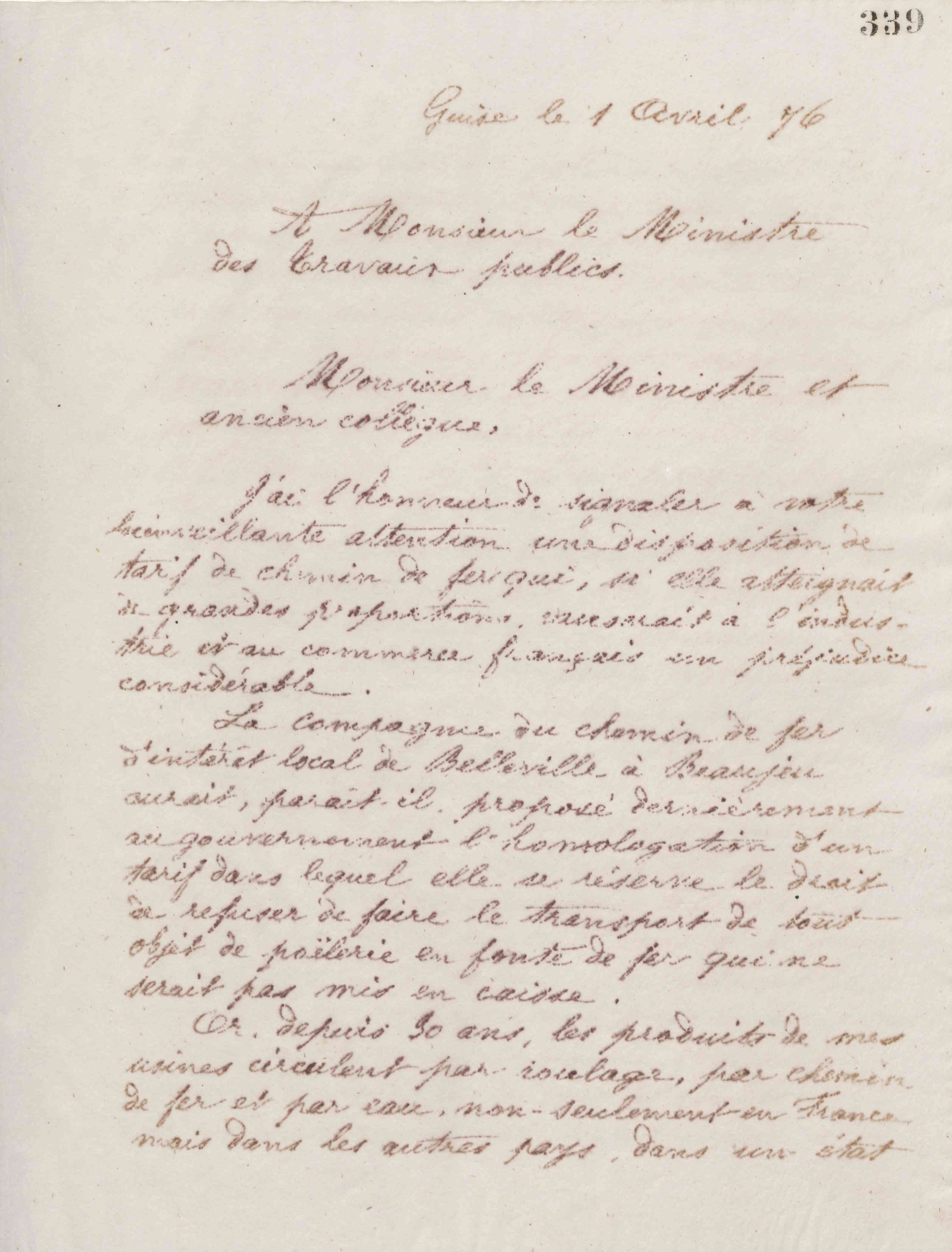 Jean-Baptiste André Godin au ministre des Travaux publics, 1er avril 1876 Jean-Baptiste André Godin au ministre des Travaux publics, 1er avril 1876