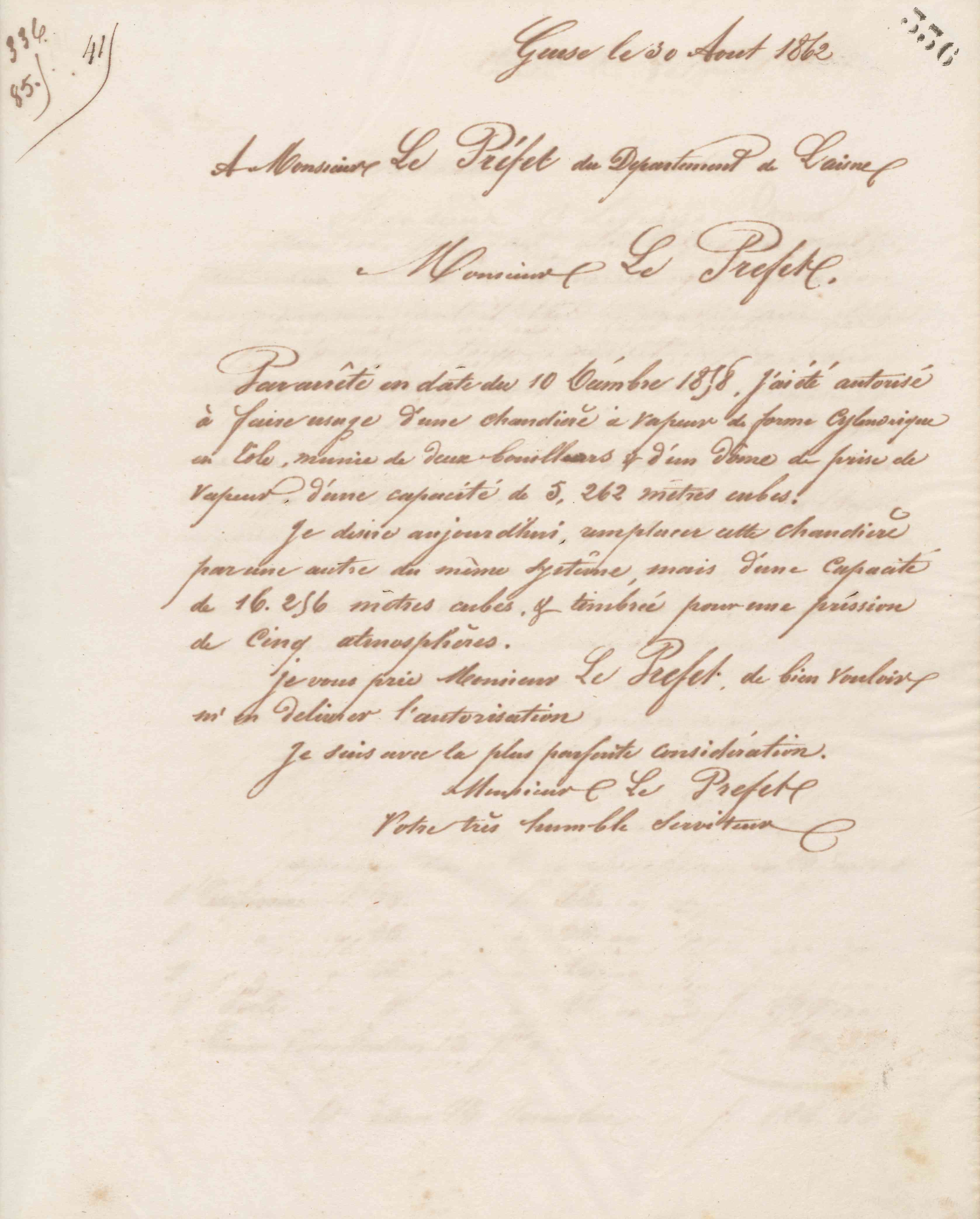 Jean-Baptiste André Godin au préfet de l&#039;Aisne, 30 août 1862