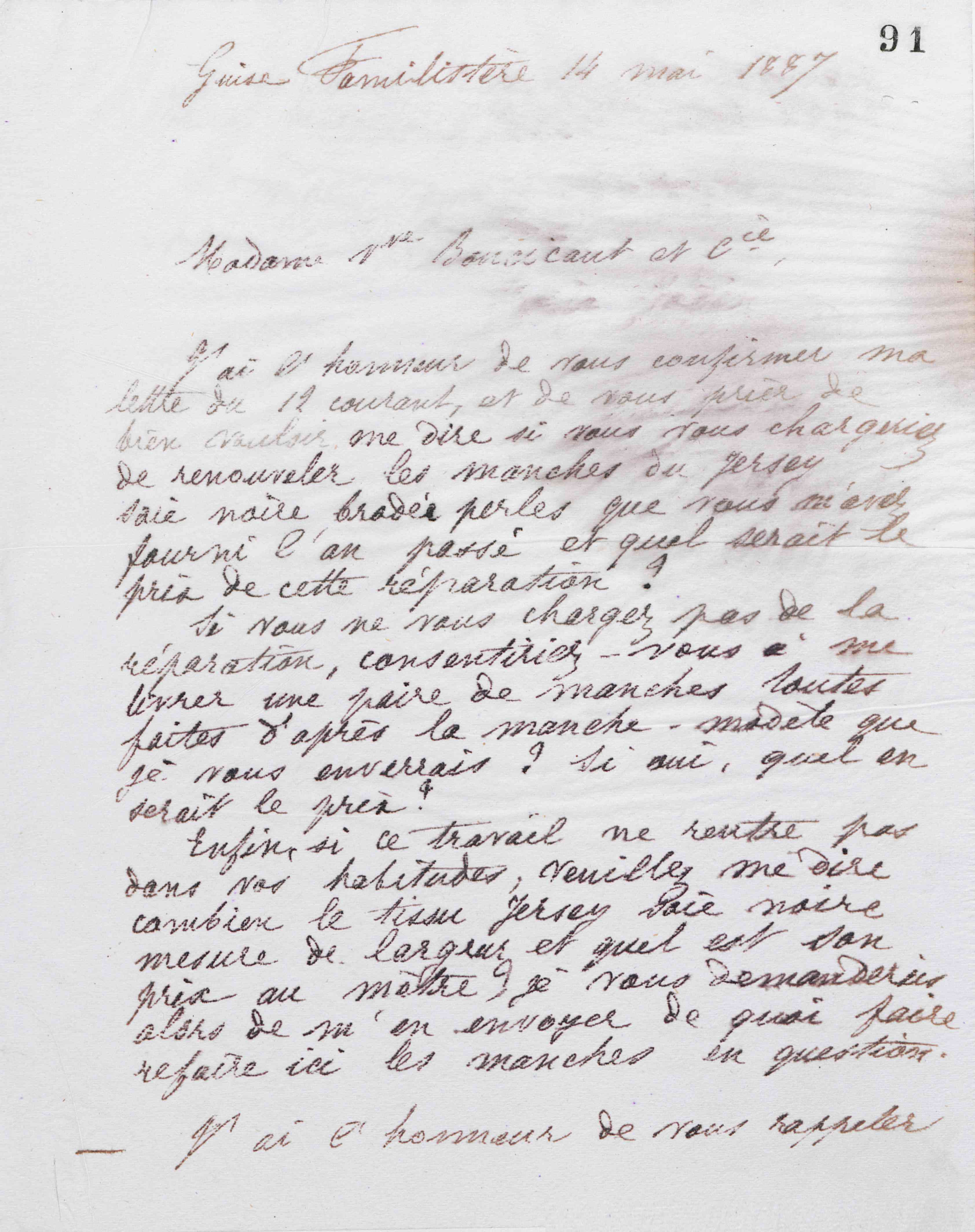 Marie Moret à Veuve Boucicaut et Cie, 14 mai 1887 Marie Moret à Veuve Boucicaut et Cie, 14 mai 1887