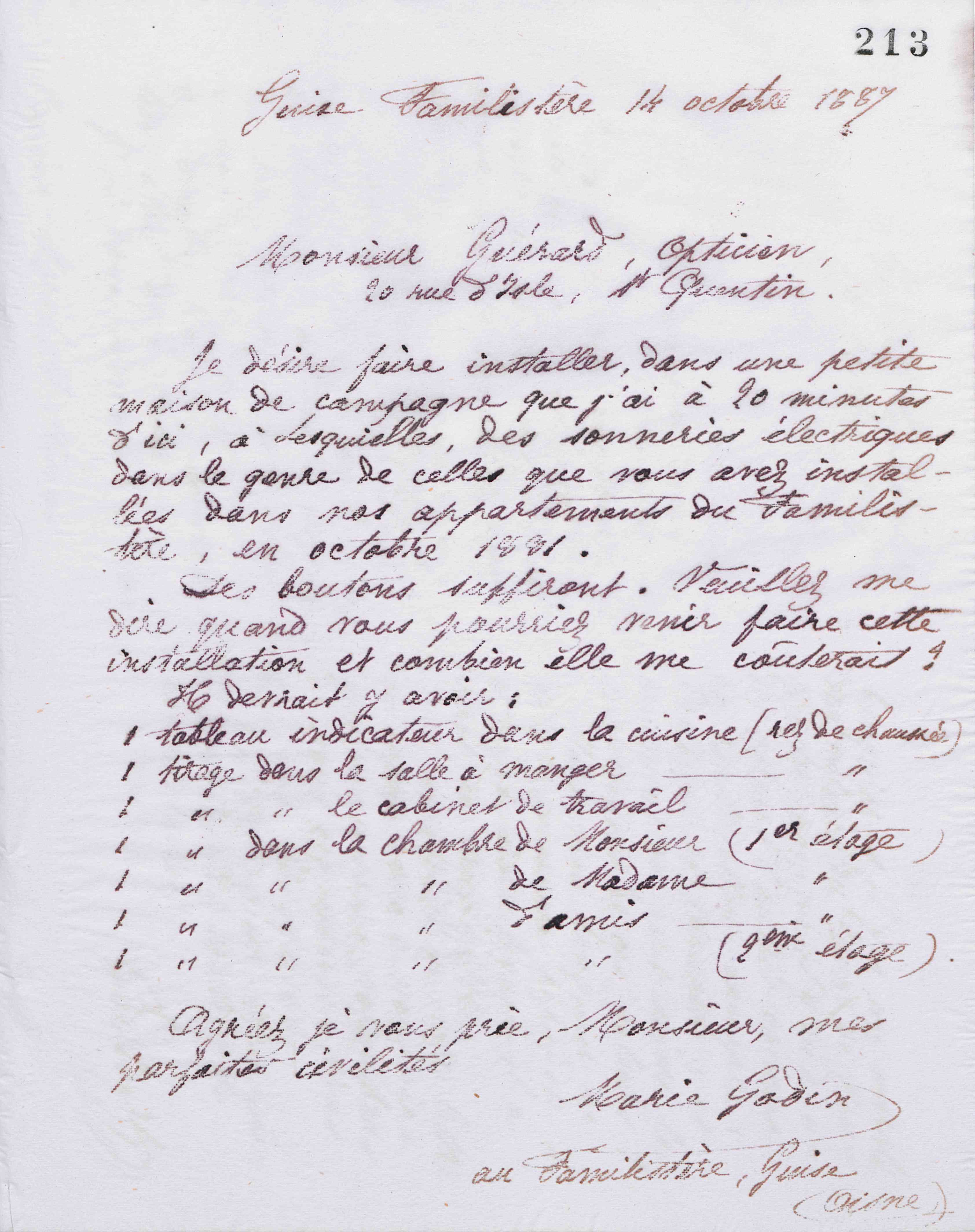 Marie Moret à monsieur P. Guérard, 14 octobre 1887