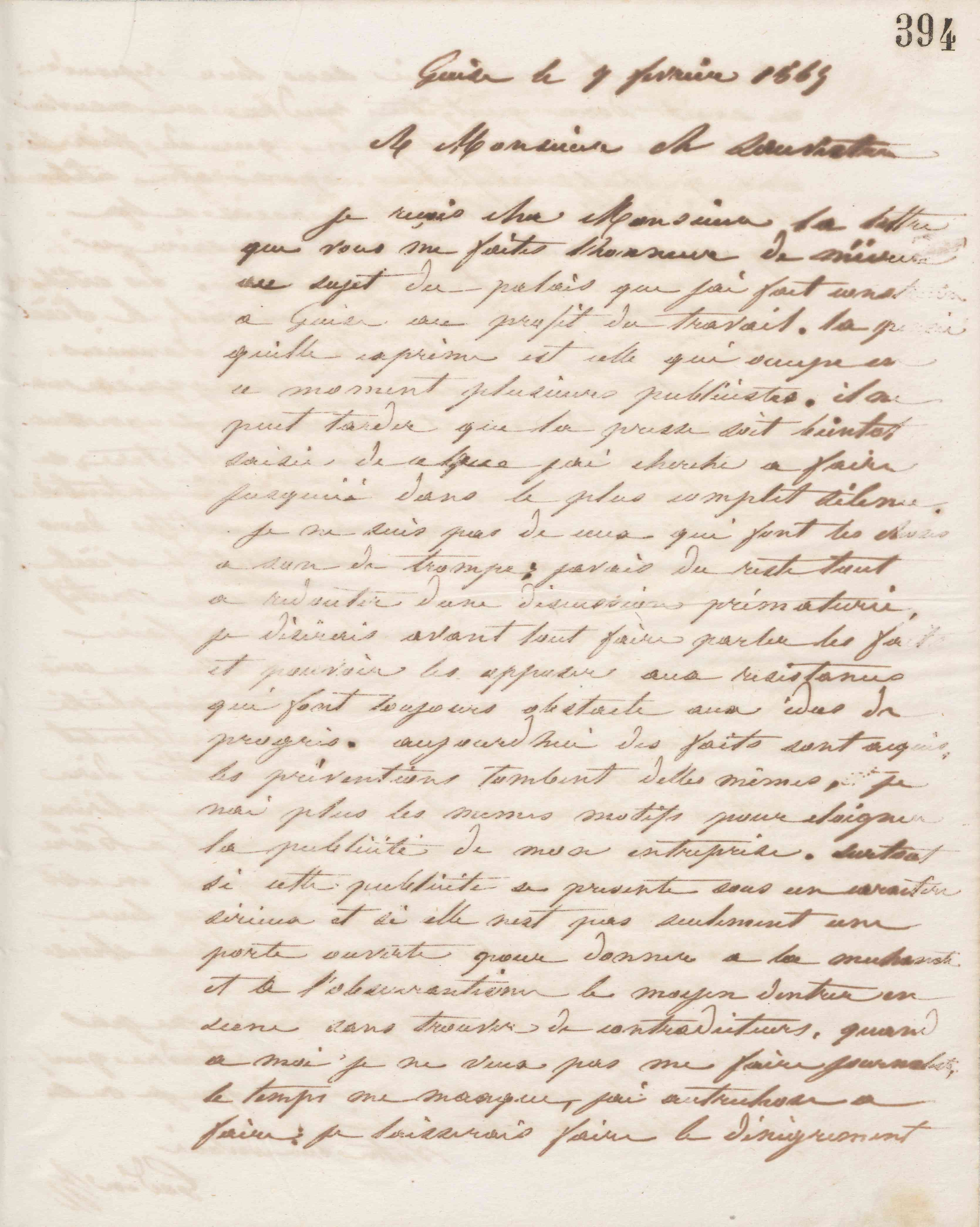 Jean-Baptiste André Godin à monsieur Charles Sauvestre, 7 février 1865