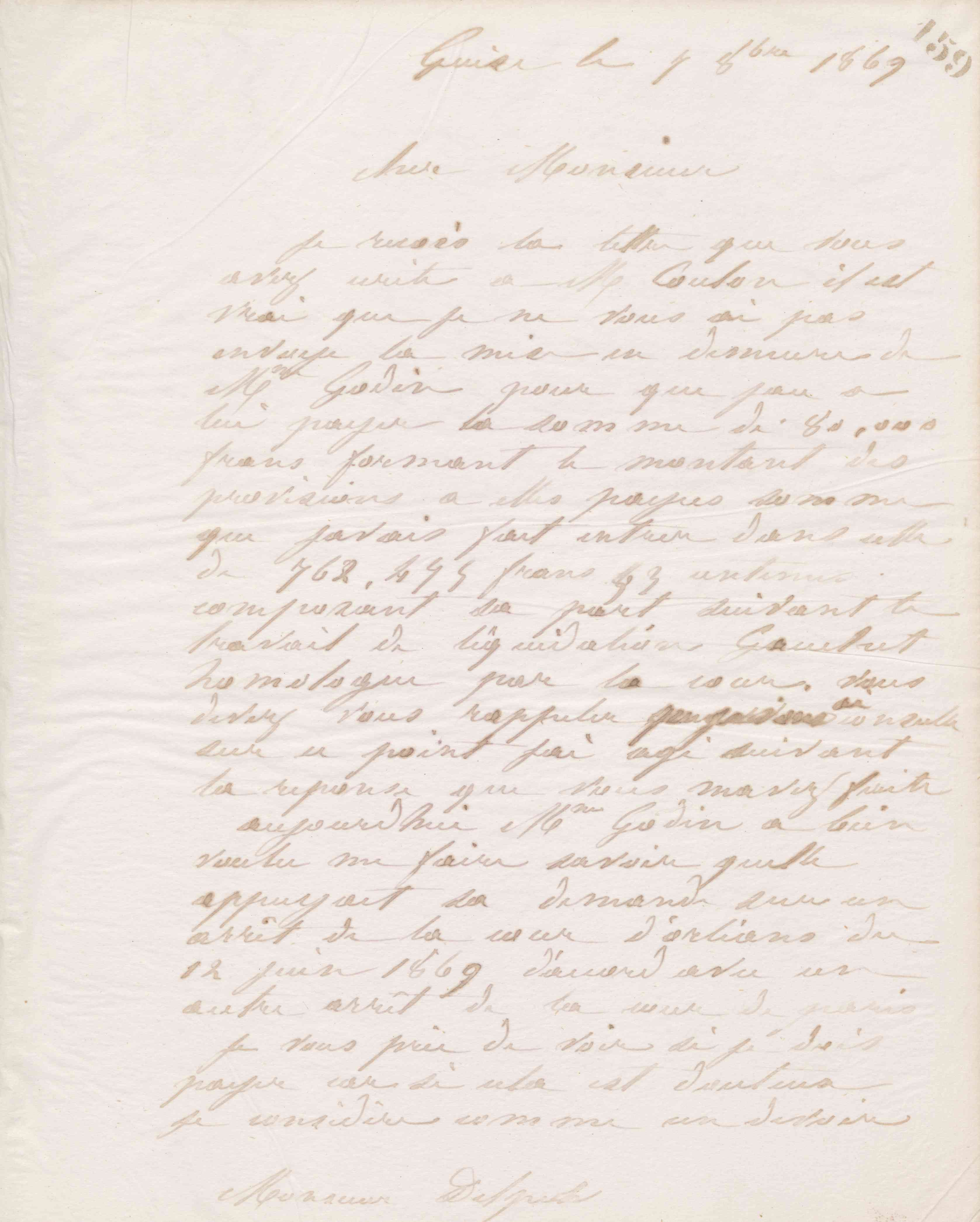 Jean-Baptiste André Godin à Alphonse Delpech, 7 octobre 1869