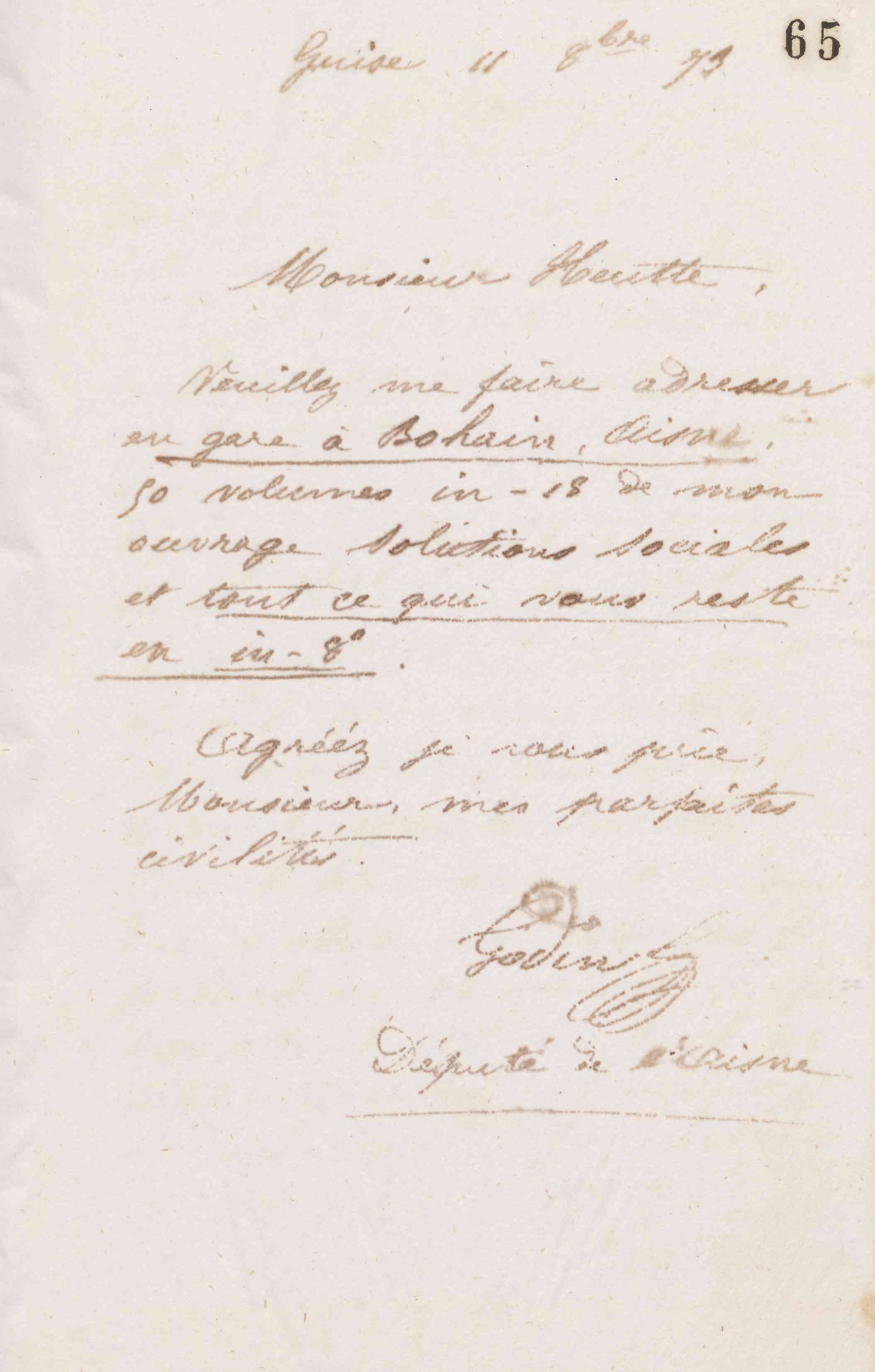 Jean-Baptiste André Godin à Eugène Heutte et Cie, 11 octobre 1873