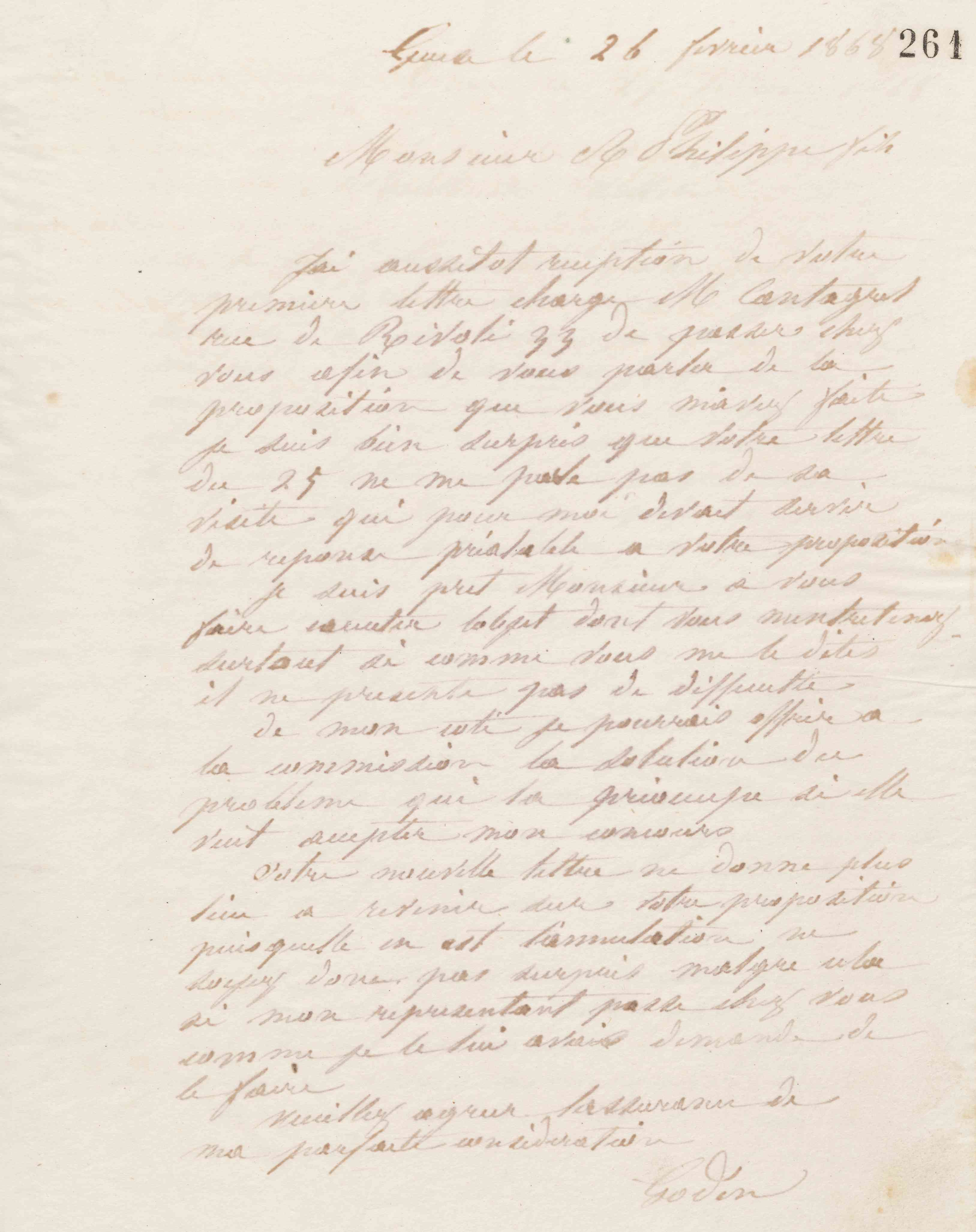 Jean-Baptiste André Godin à monsieur A. Philippe, 26 février 1868