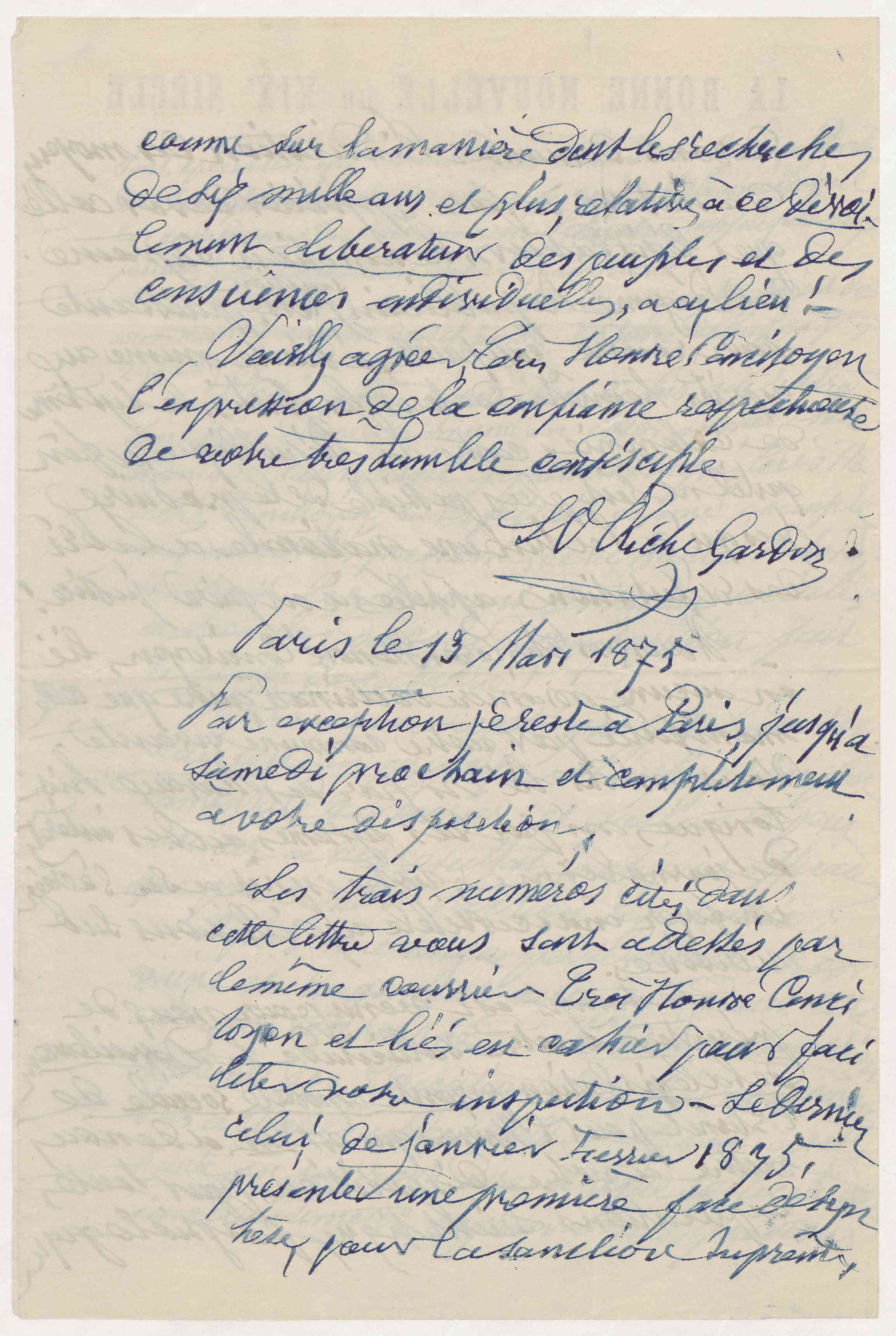 Luc-Pierre Riche-Gardon à Jean-Baptiste André Godin, 13 mars 1875