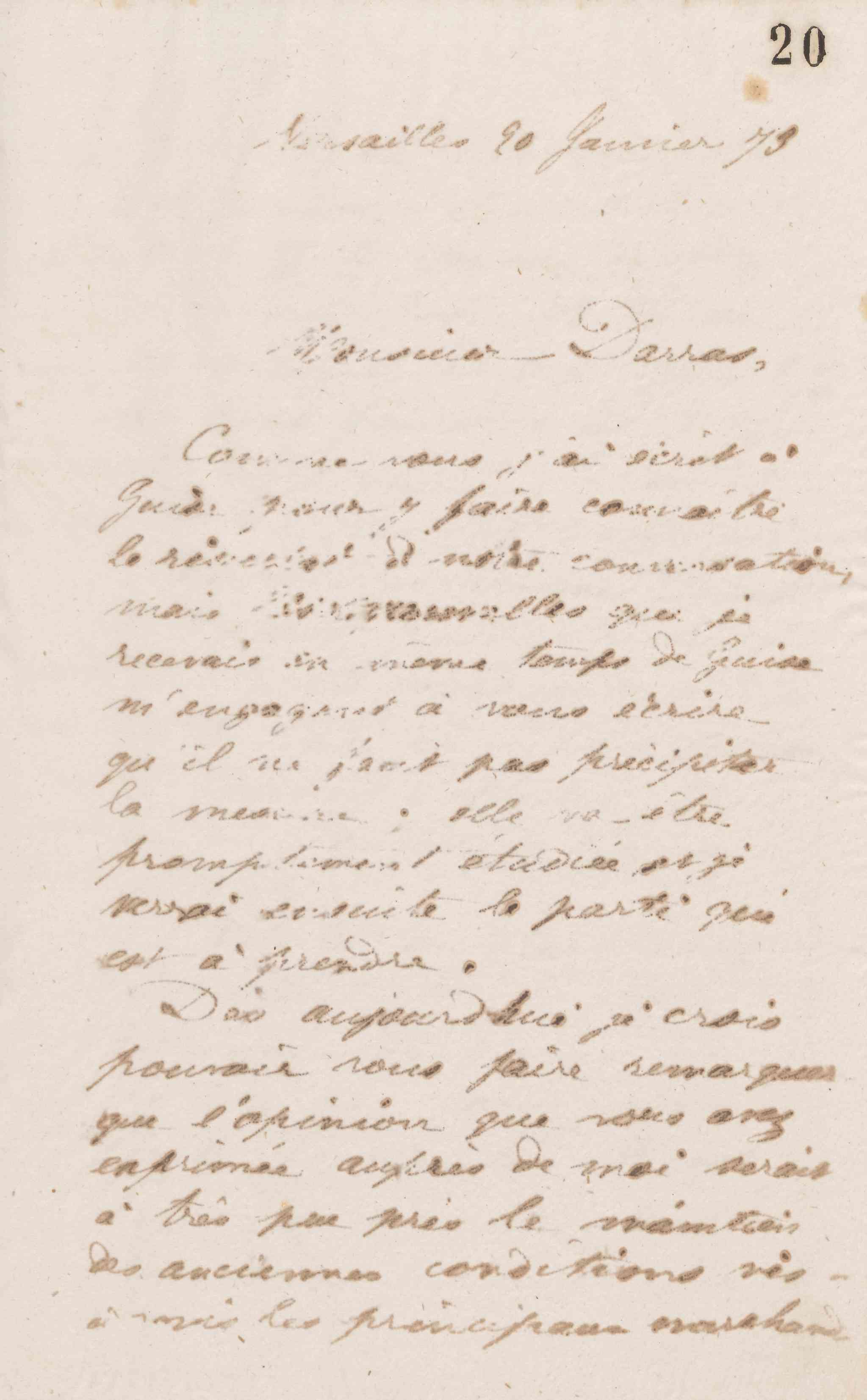 Jean-Baptiste André Godin à monsieur Darras, 20 janvier 1873