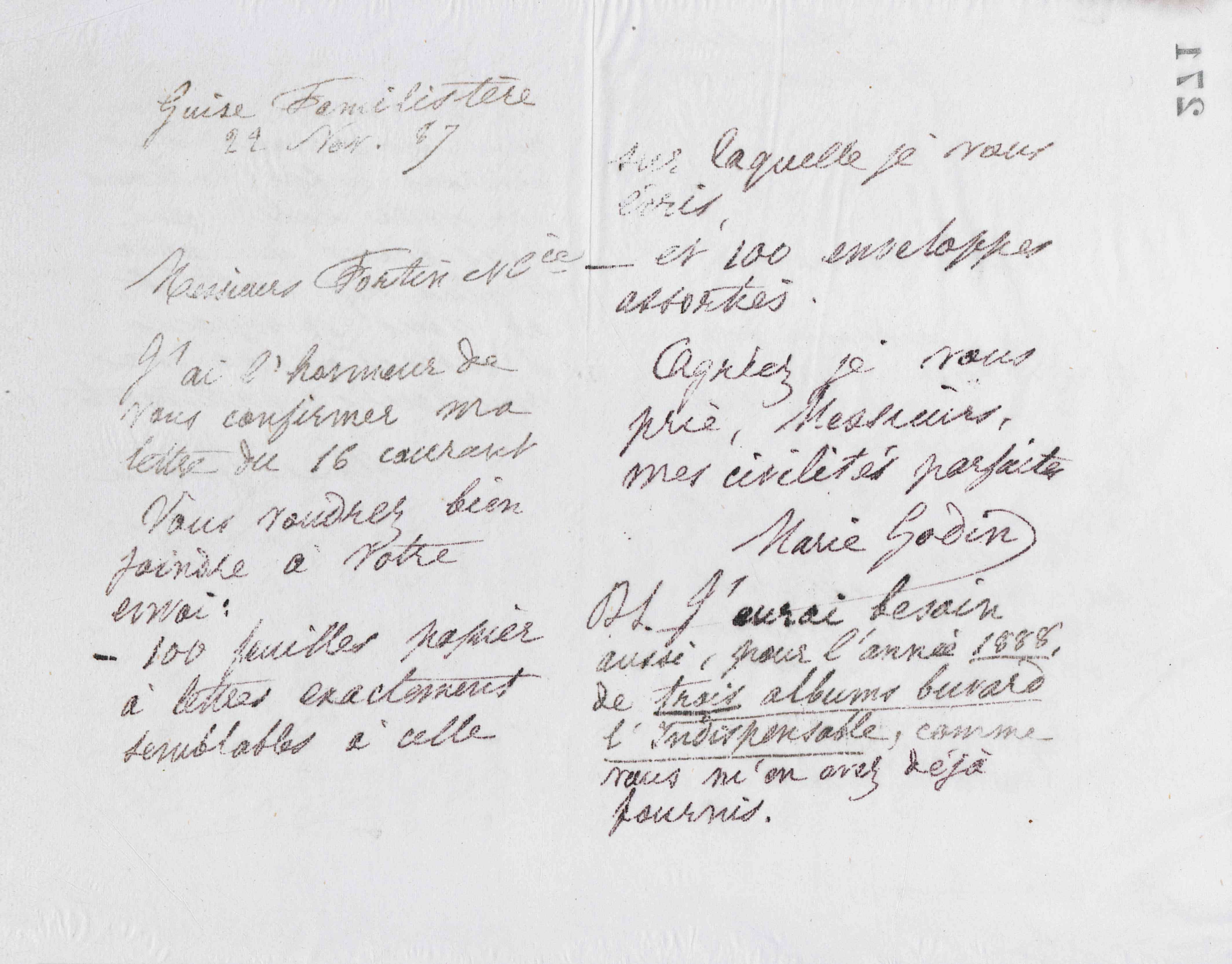 Marie Moret à Fortin et Cie, 22 novembre 1887