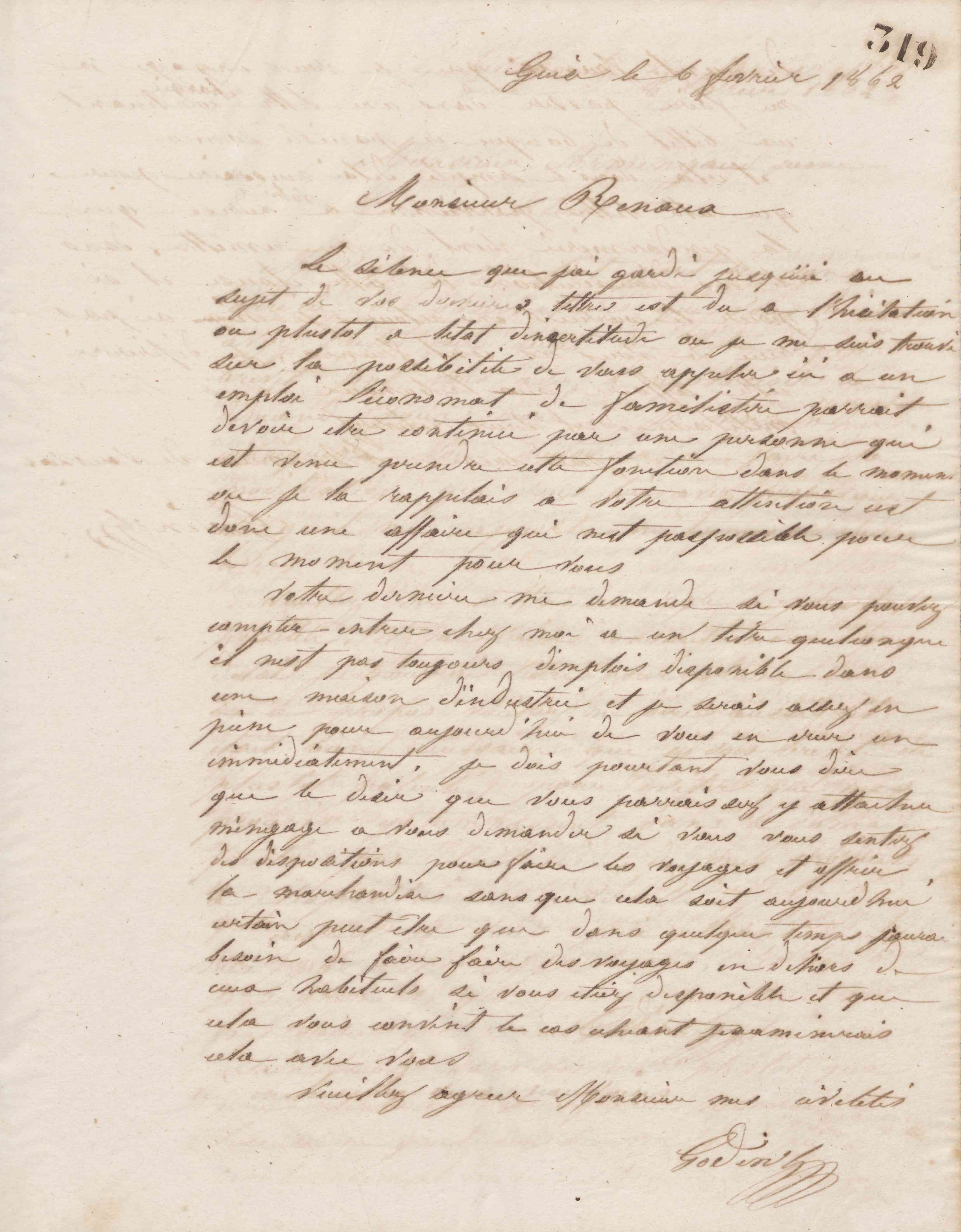 Jean-Baptiste André Godin à monsieur J. Renaux, 6 février 1862