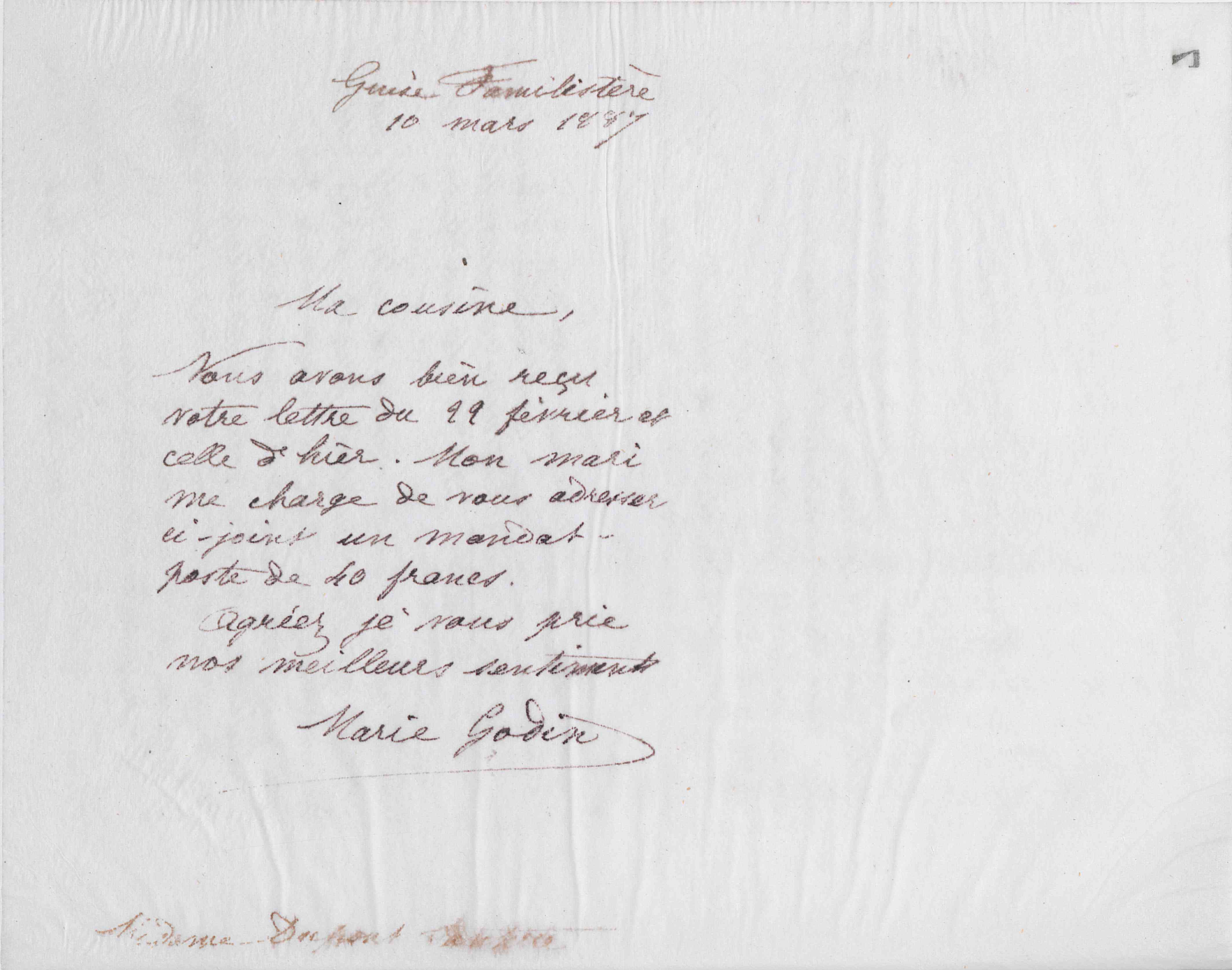 Marie Moret à madame Dupont-Santerre, 10 mars 1887