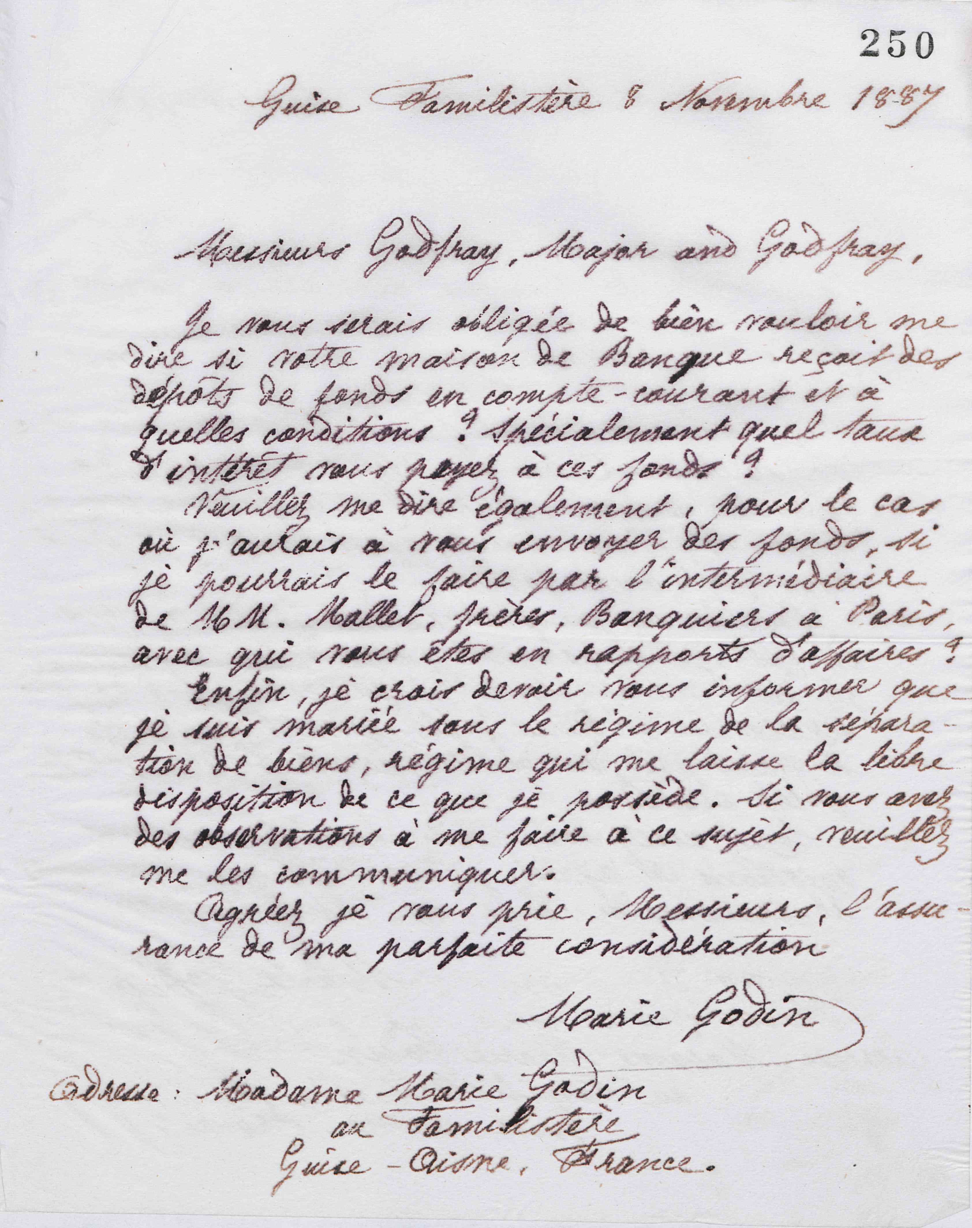 Marie Moret à Godfray, Major and Godfray, 8 novembre 1887