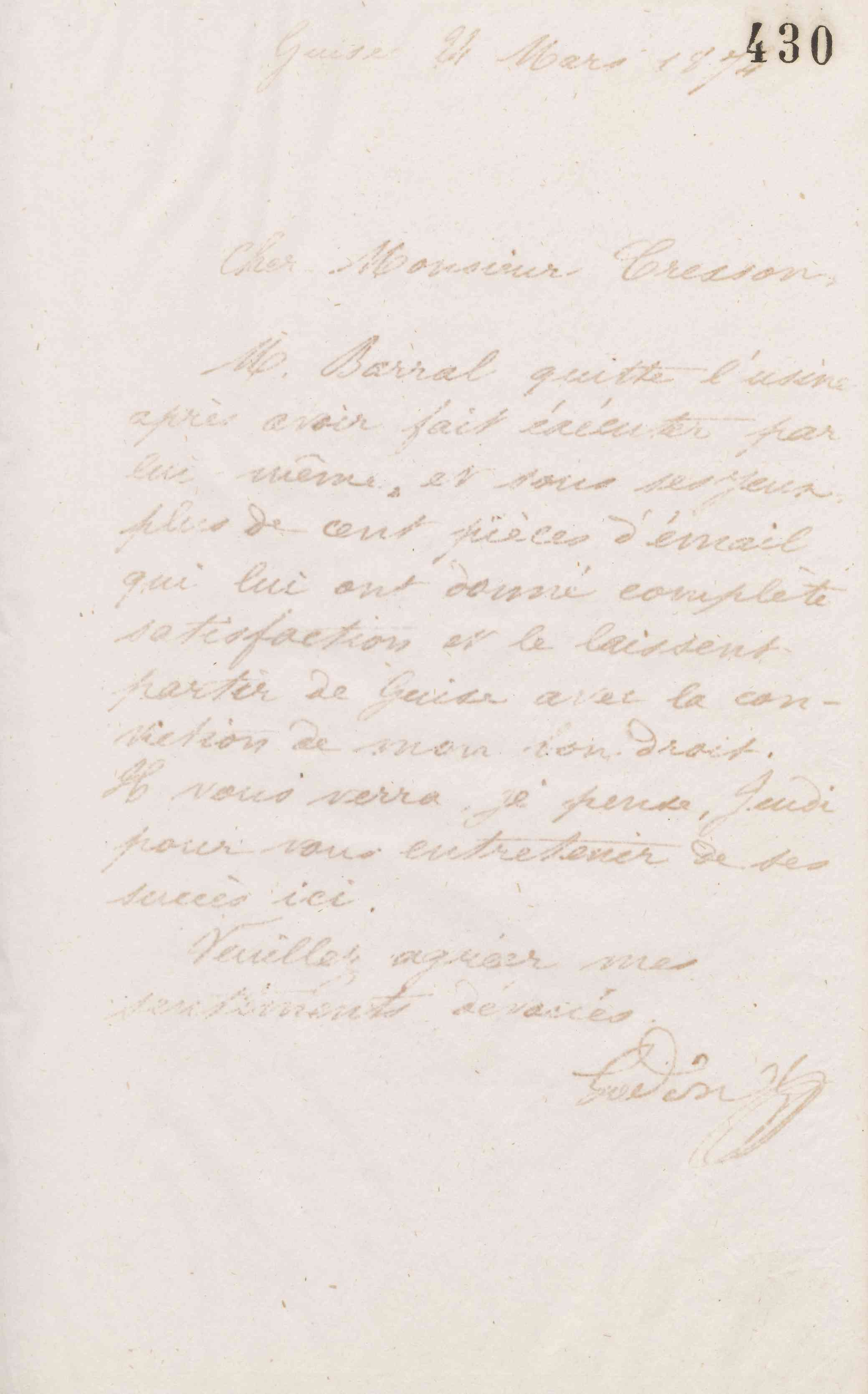 Jean-Baptiste André Godin à Guillaume Ernest Cresson, 24 mars 1874