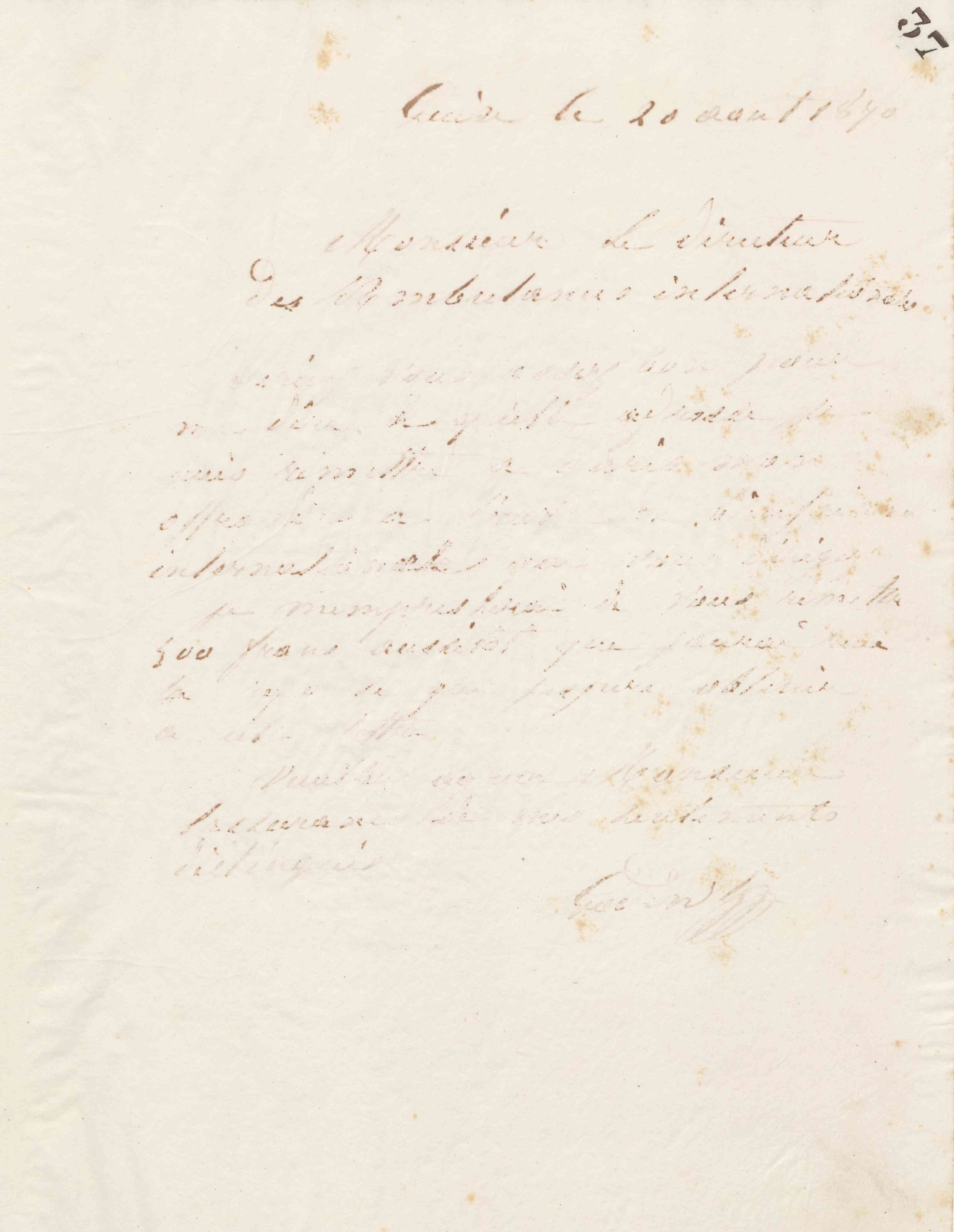Jean-Baptiste André Godin au directeur des Ambulances internationales, 20 août 1870