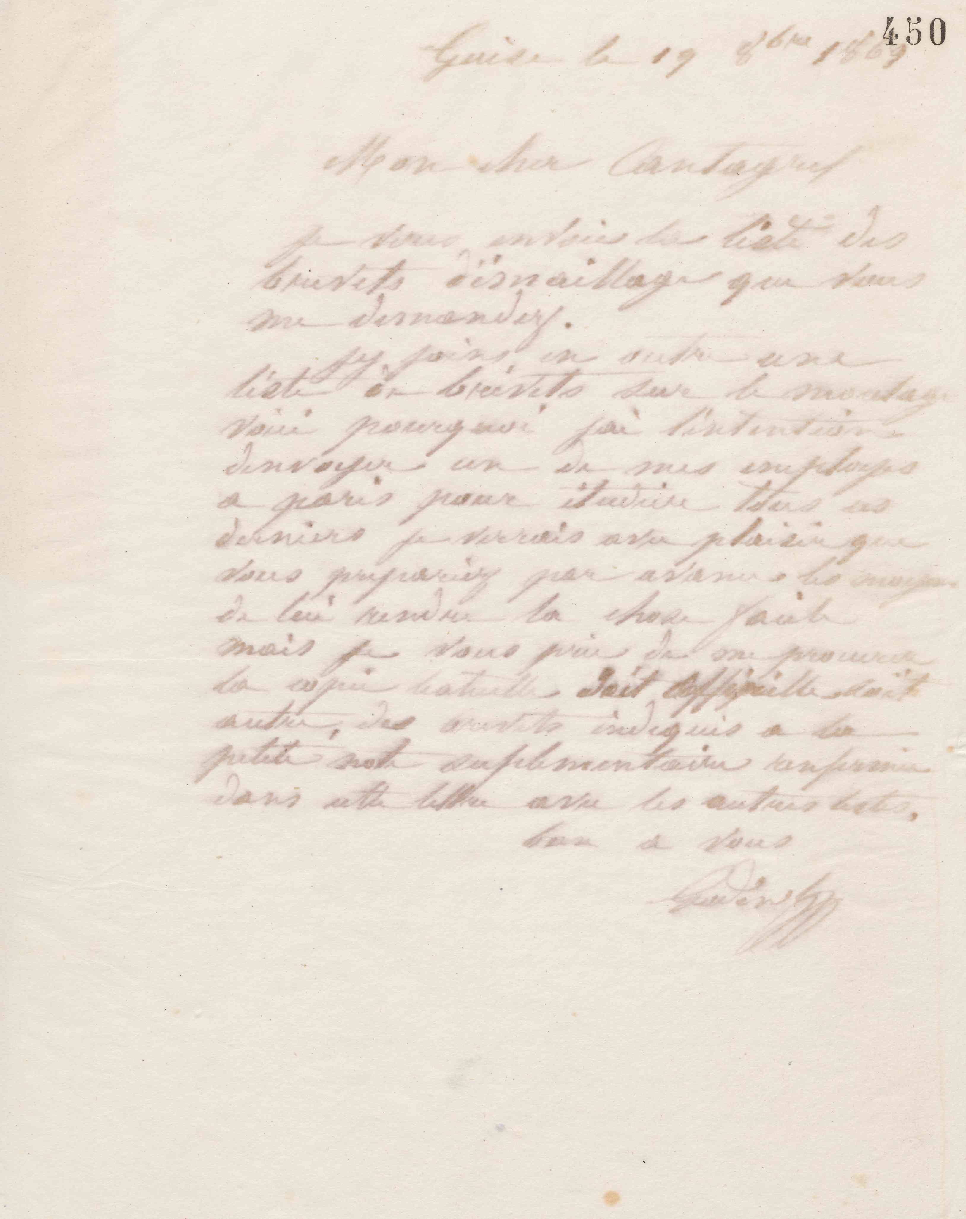 Jean-Baptiste André Godin à François Cantagrel, 19 octobre 1869