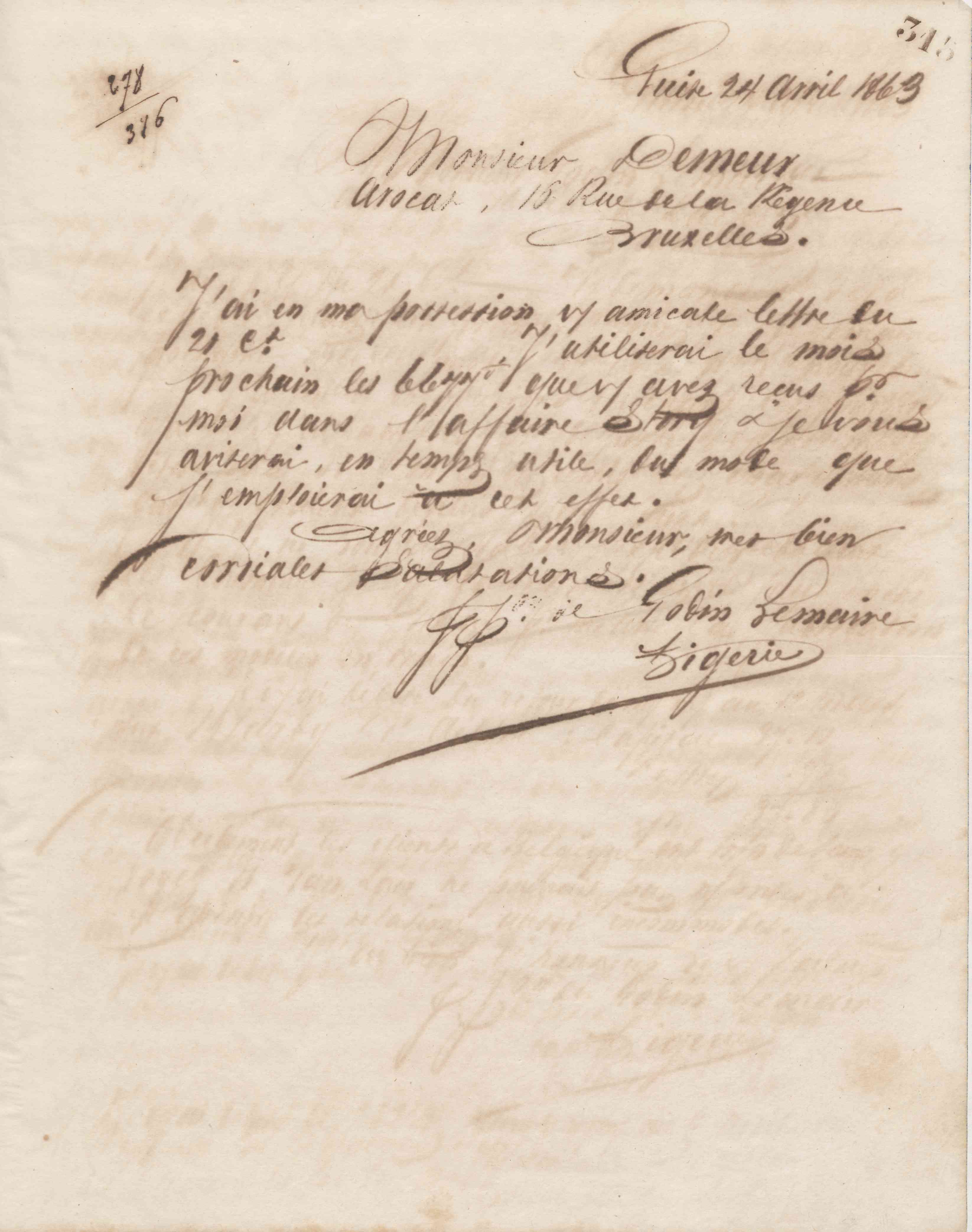 Jean-Baptiste André Godin à monsieur Demeure, 24 avril 1863 Jean-Baptiste André Godin à monsieur Demeure, 24 avril 1863