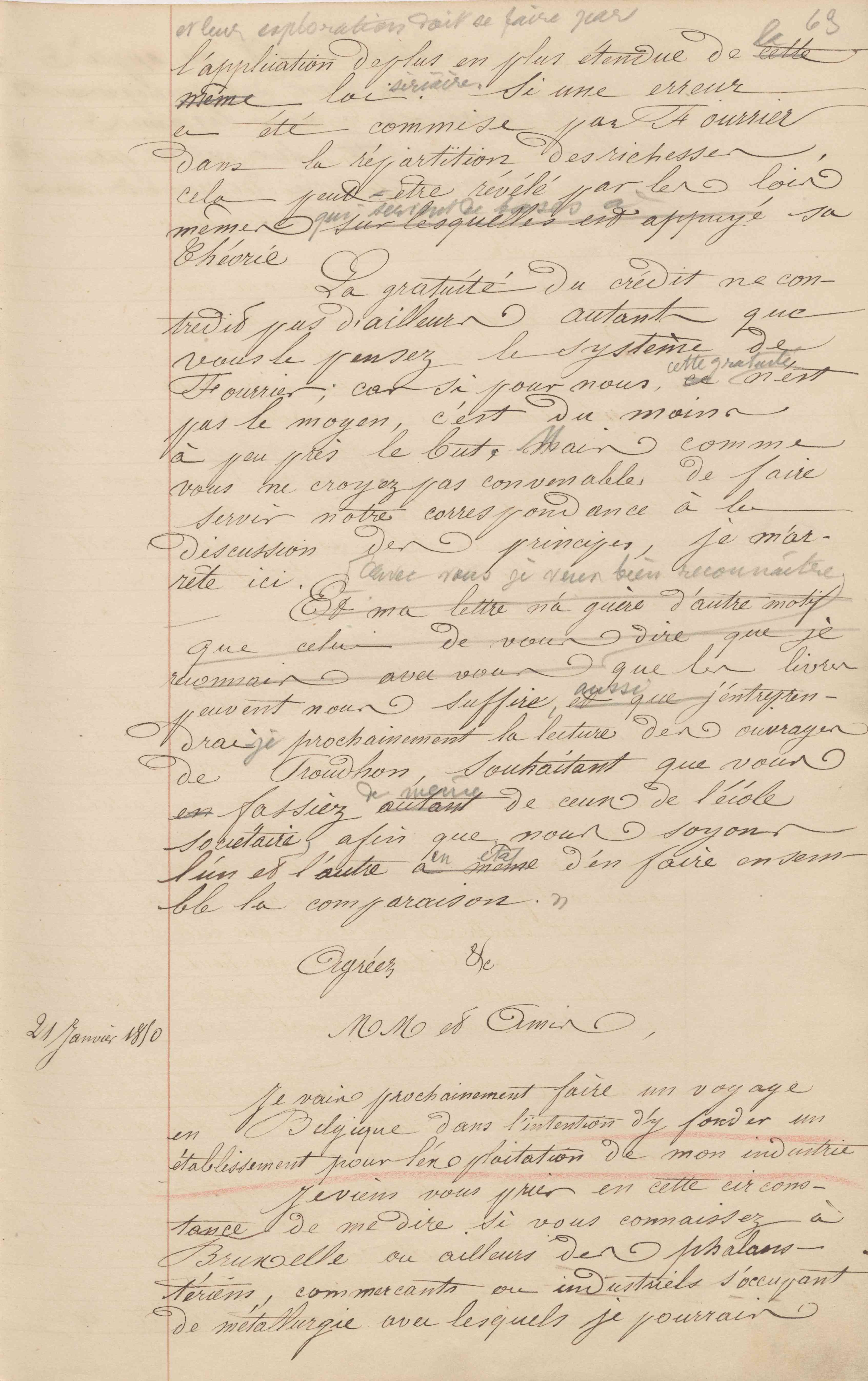 Jean-Baptiste André Godin aux gérants de La Démocratie pacifique et à l'École sociétaire, 21 janvier 1850