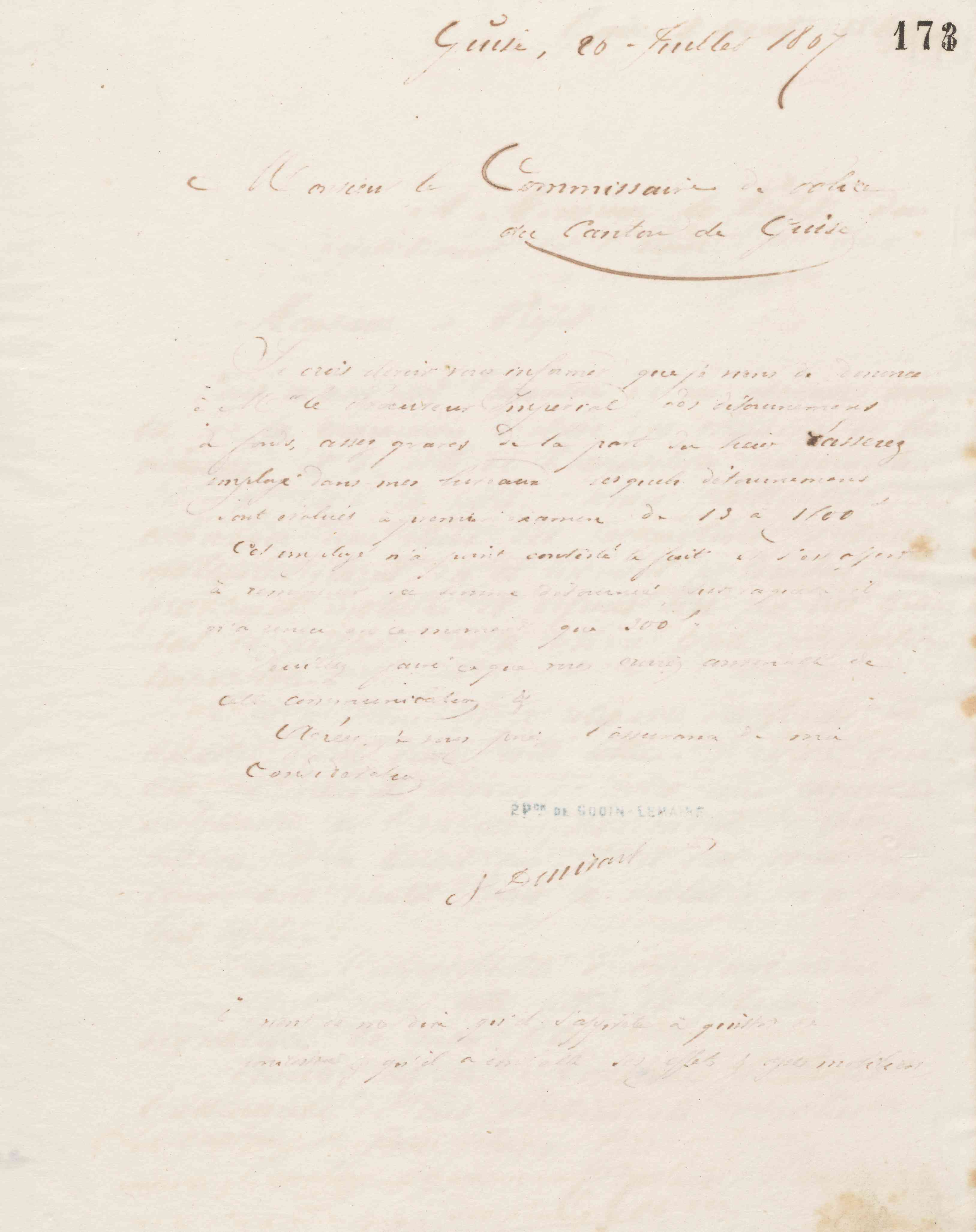 Jean-Baptiste André Godin au commissaire de police du canton de Guise (Aisne), 20 juillet 1867