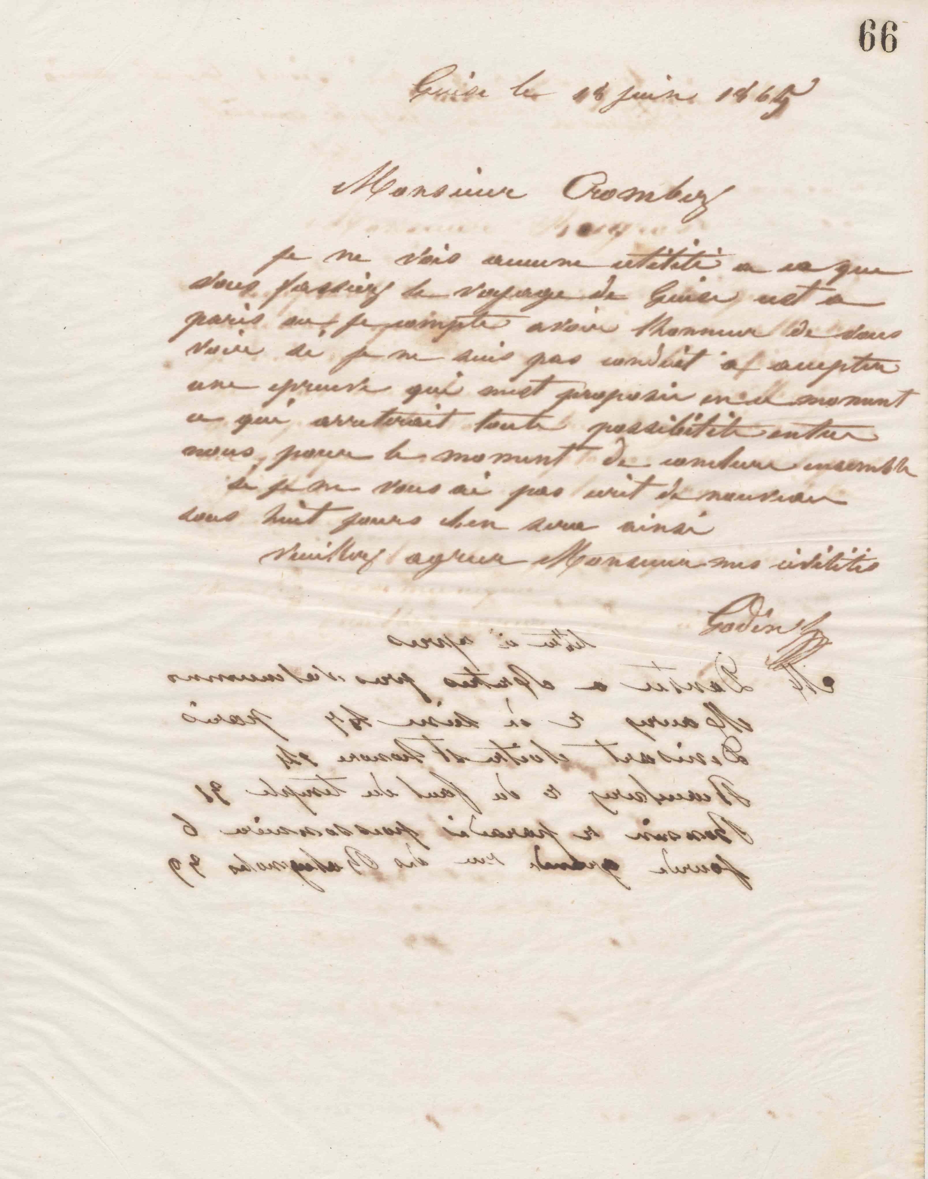Jean-Baptiste André Godin à monsieur Crombez, 18 juin 1865