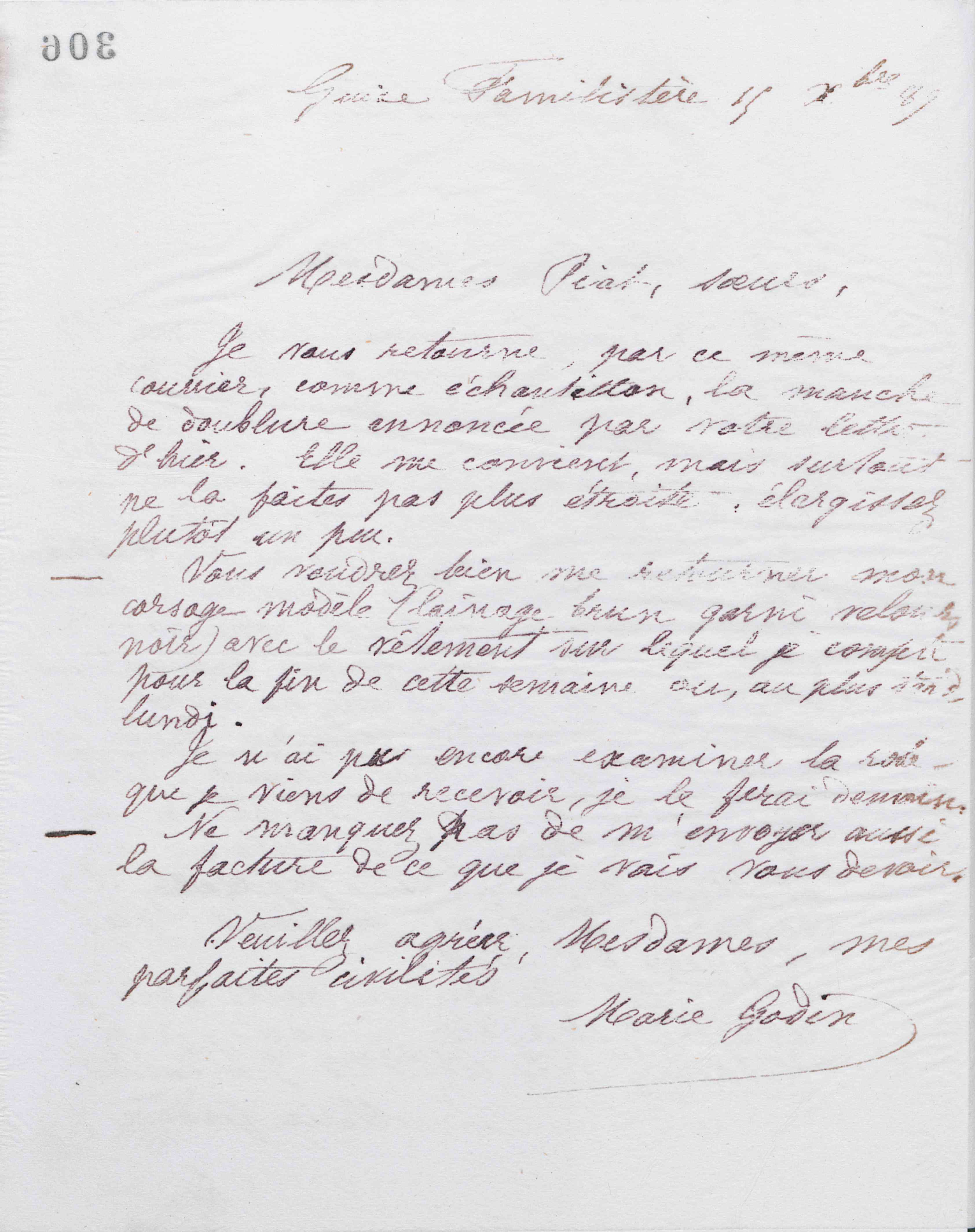 Marie Moret à Piat sœurs, 15 décembre 1887