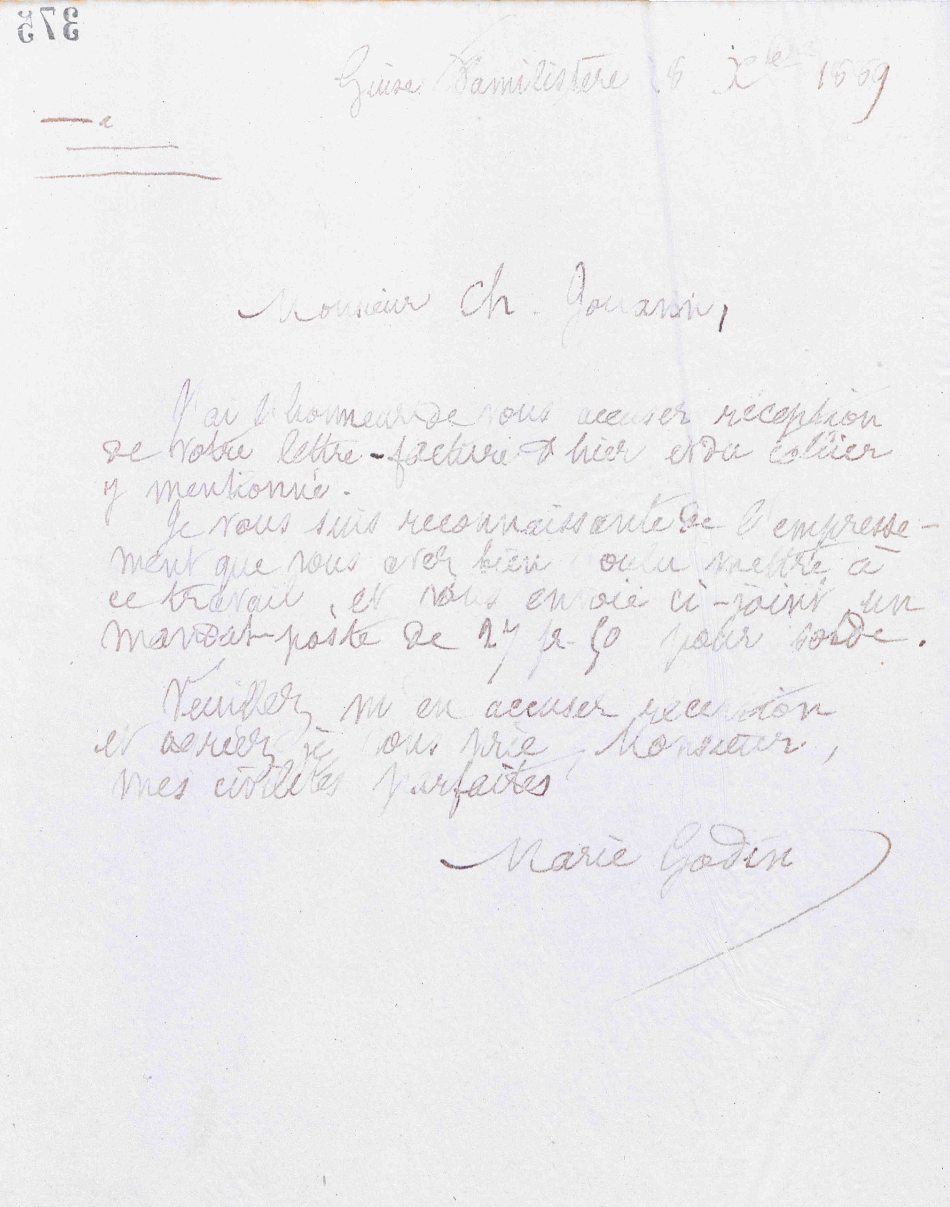 Marie Moret à Ch. Jouanin, 28 décembre 1889