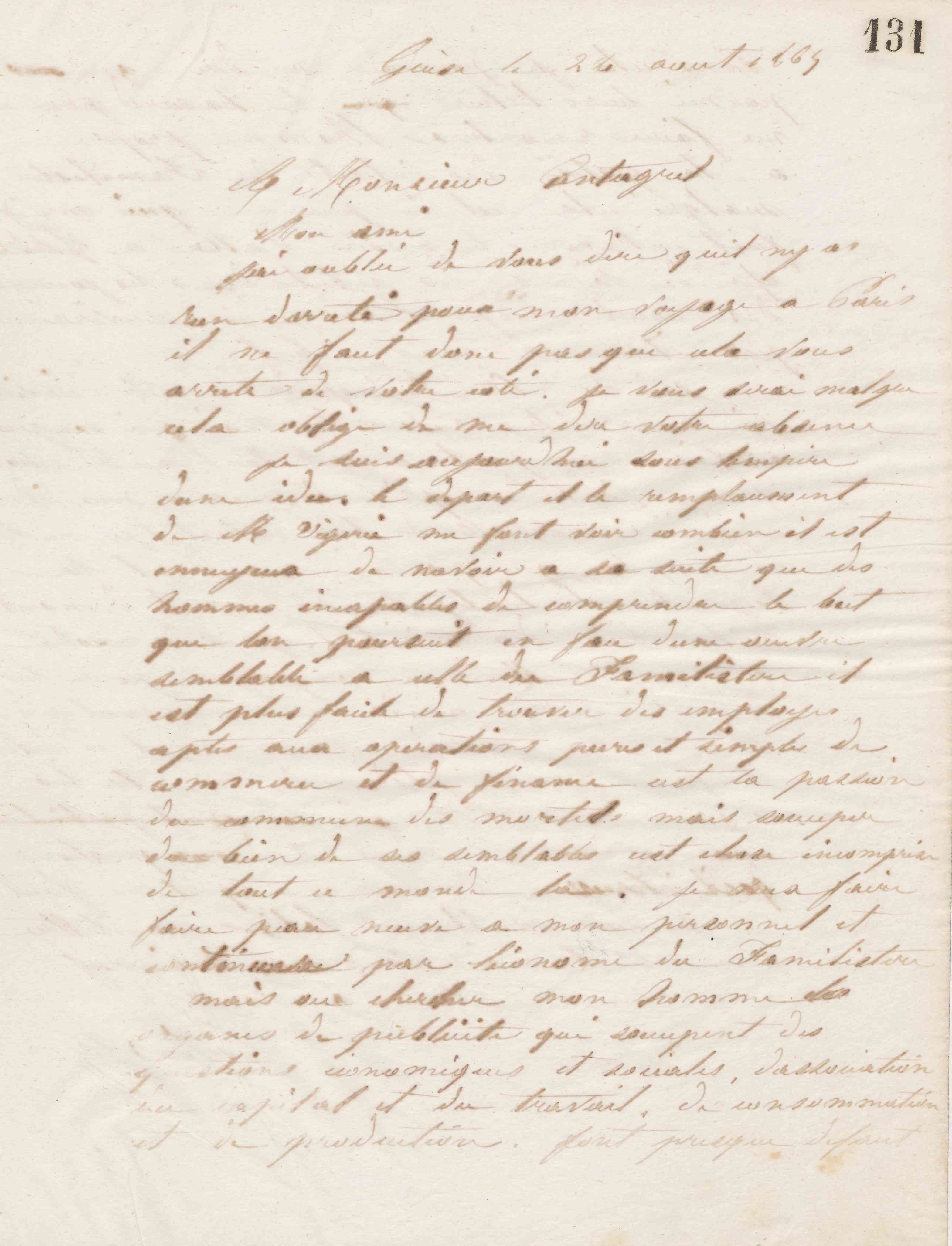 Jean-Baptiste André Godin à François Cantagrel, 22 août 1865