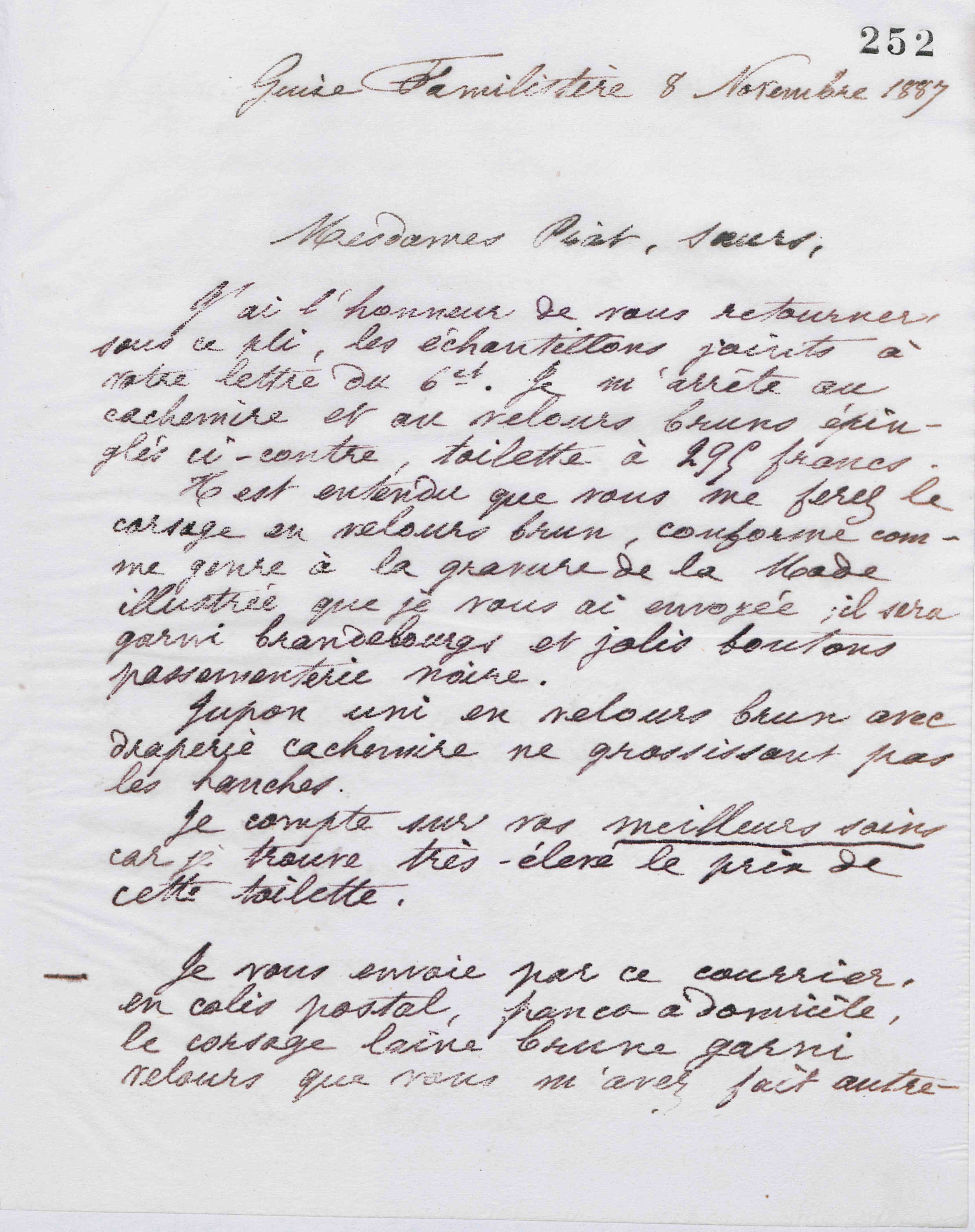 Marie Moret à Piat sœurs, 8 novembre 1887