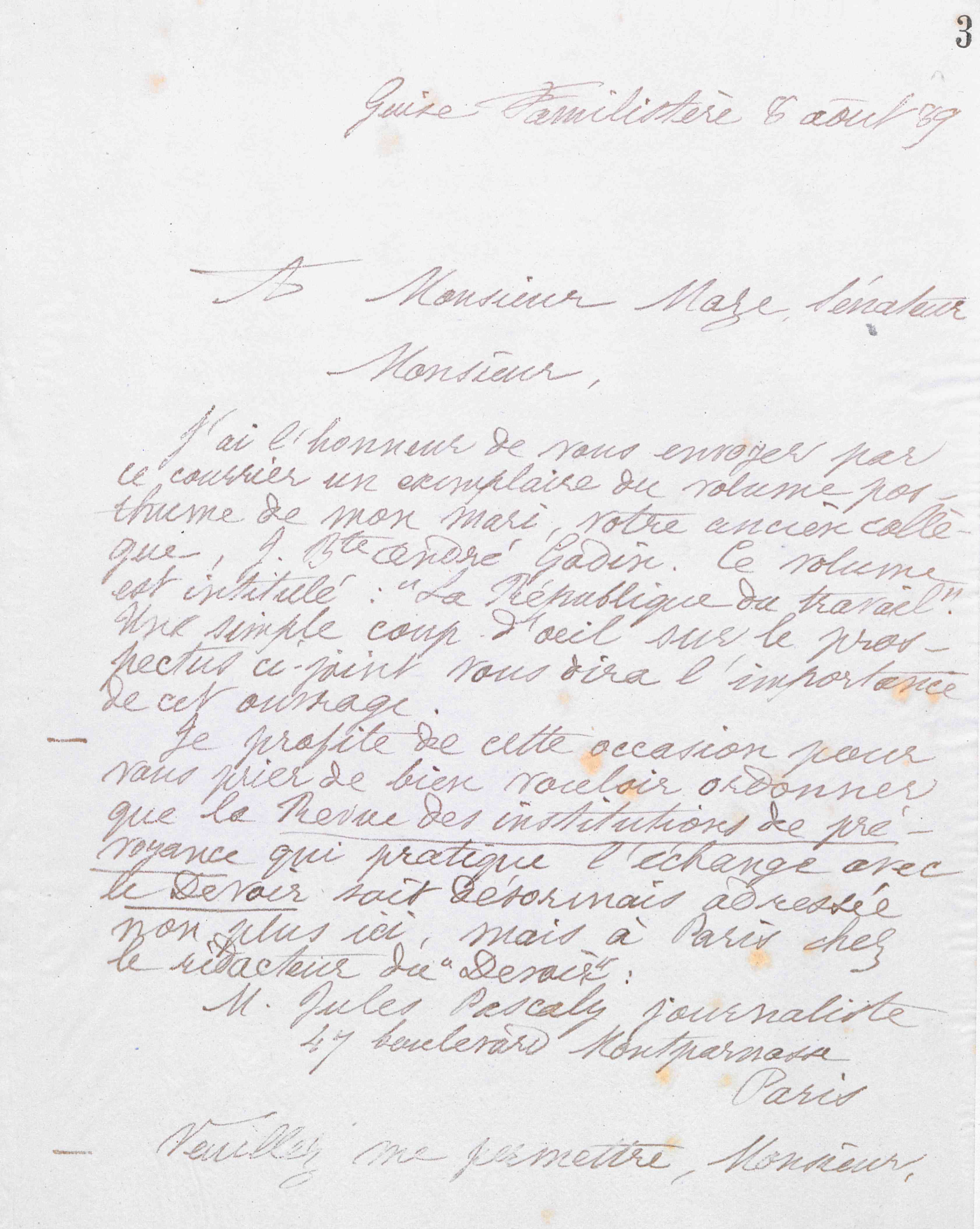 Marie Moret à Hippolyte Maze, 8 août 1889 Marie Moret à Hippolyte Maze, 8 août 1889