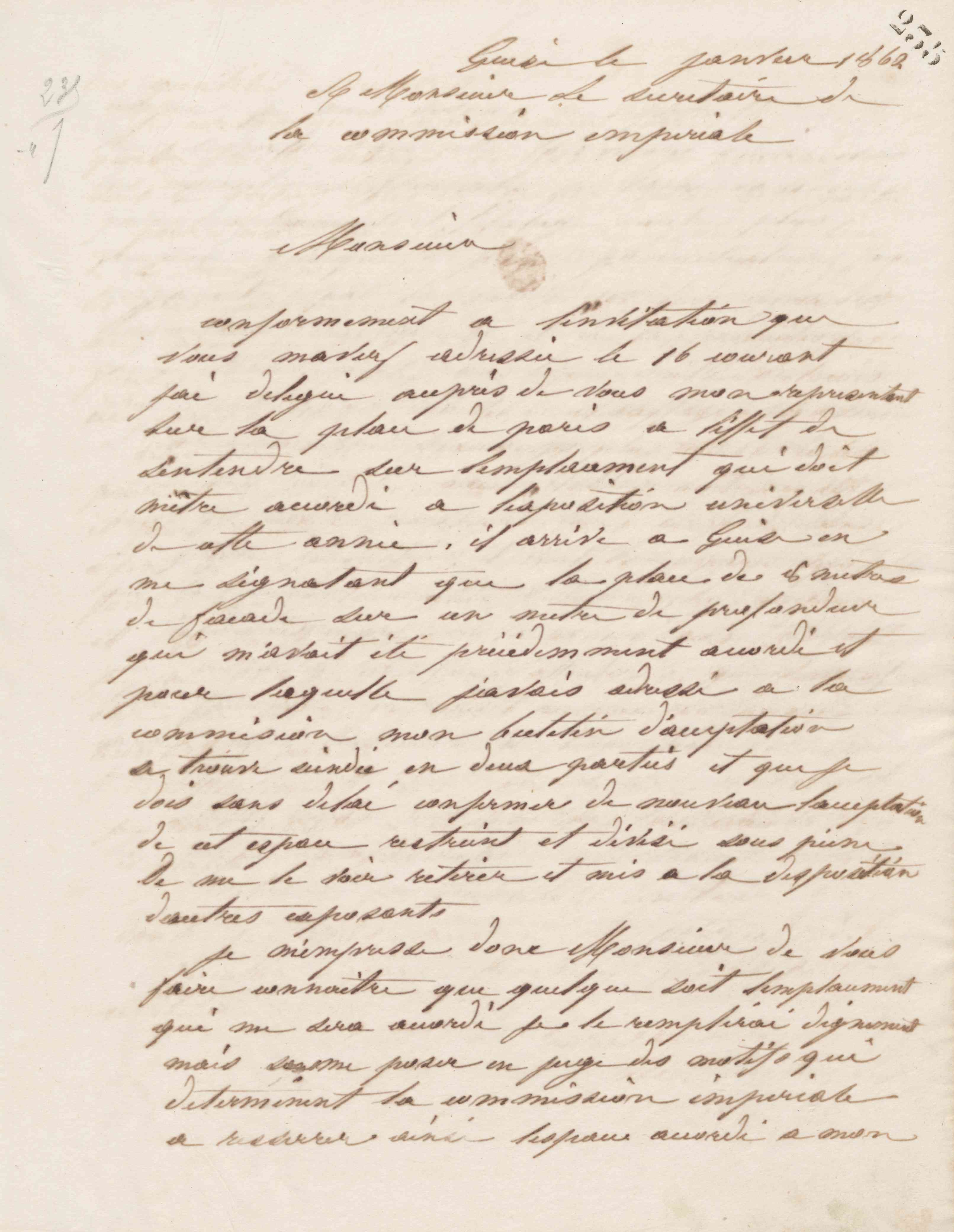 Jean-Baptiste André Godin à monsieur le secrétaire de la commission impériale de la section française de l&#039;Exposition universelle de Londres de 1862, janvier 1862