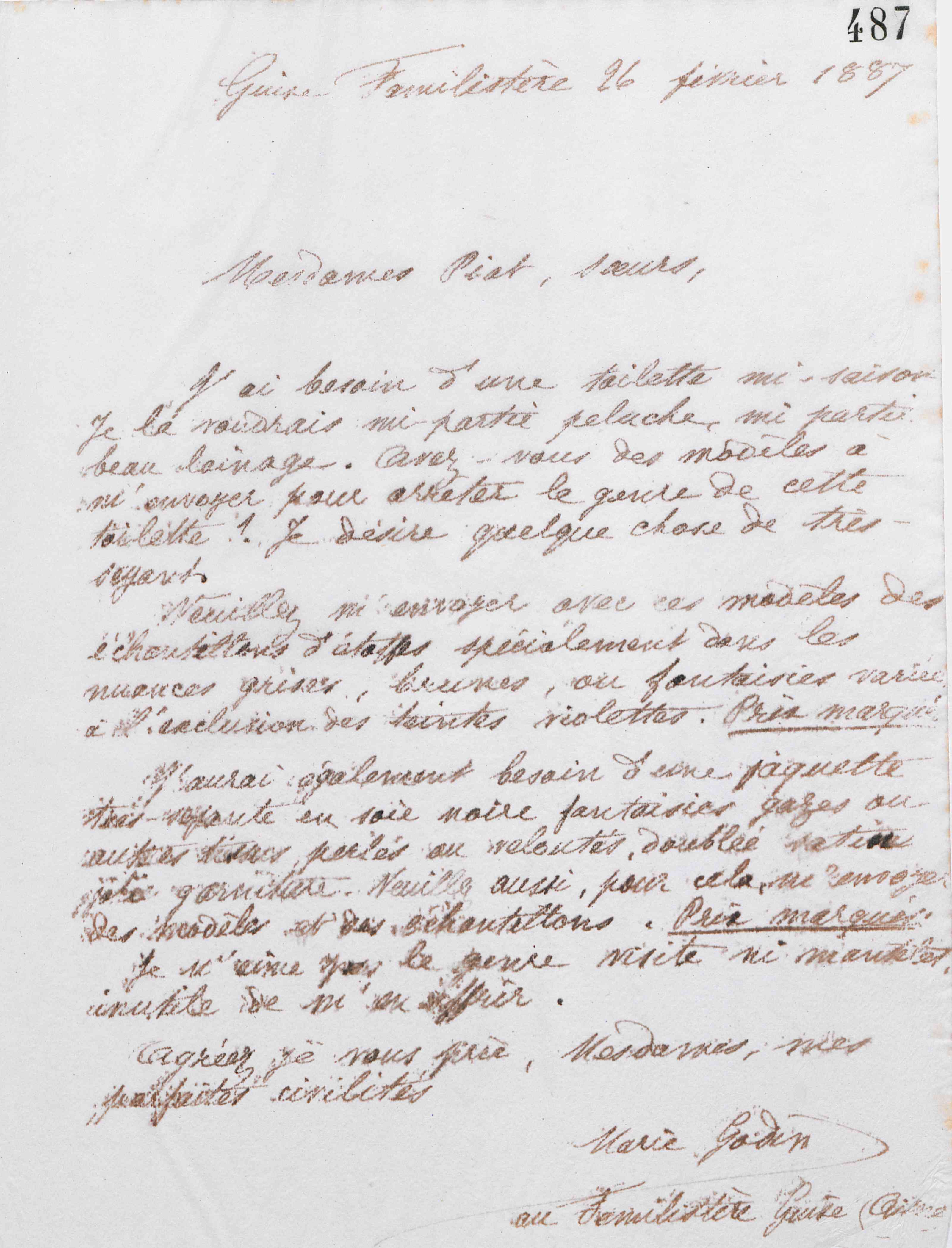 Marie Moret à Piat sœurs, 26 février 1887