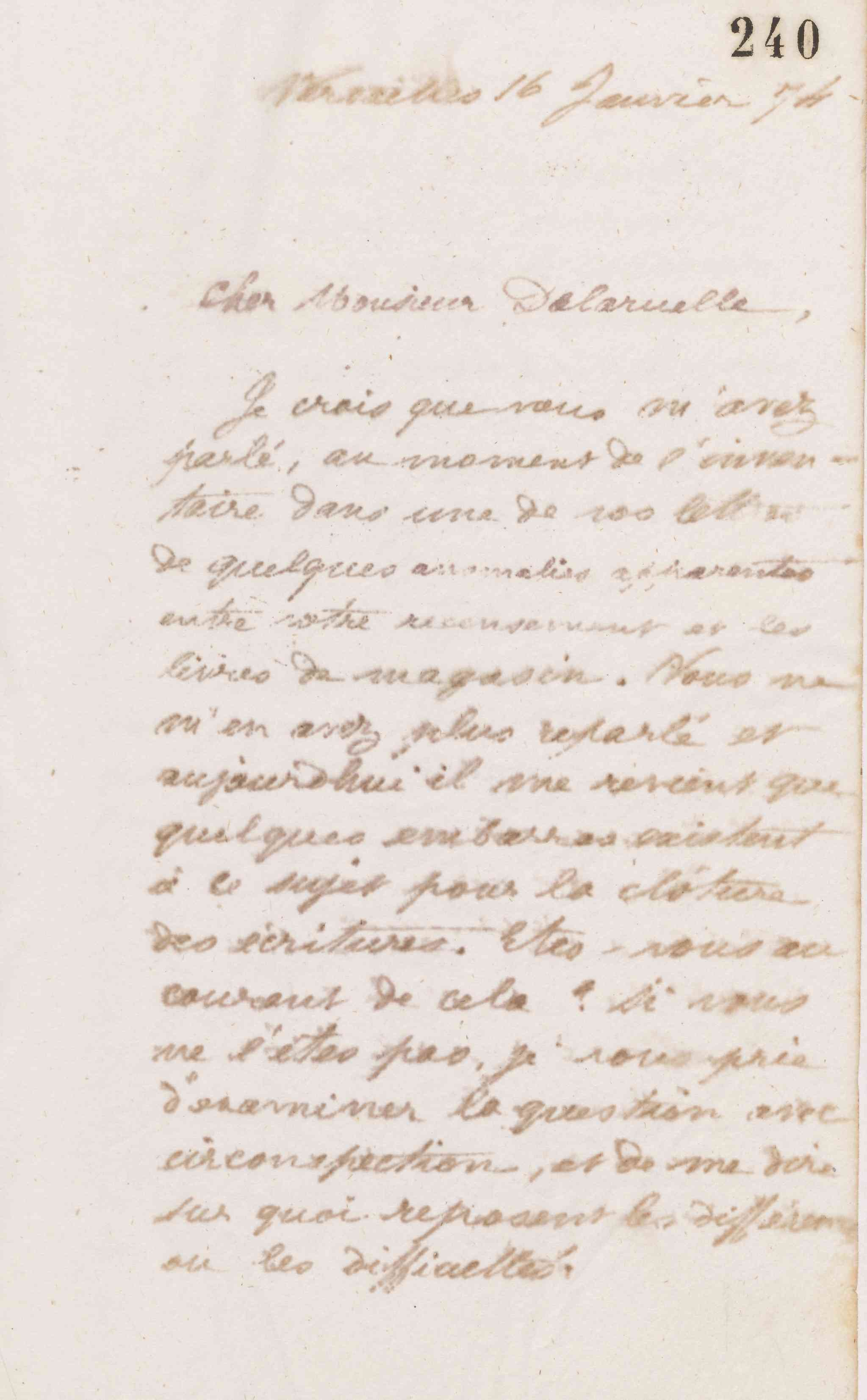 Jean-Baptiste André Godin à monsieur Delaruelle, 16 janvier 1874