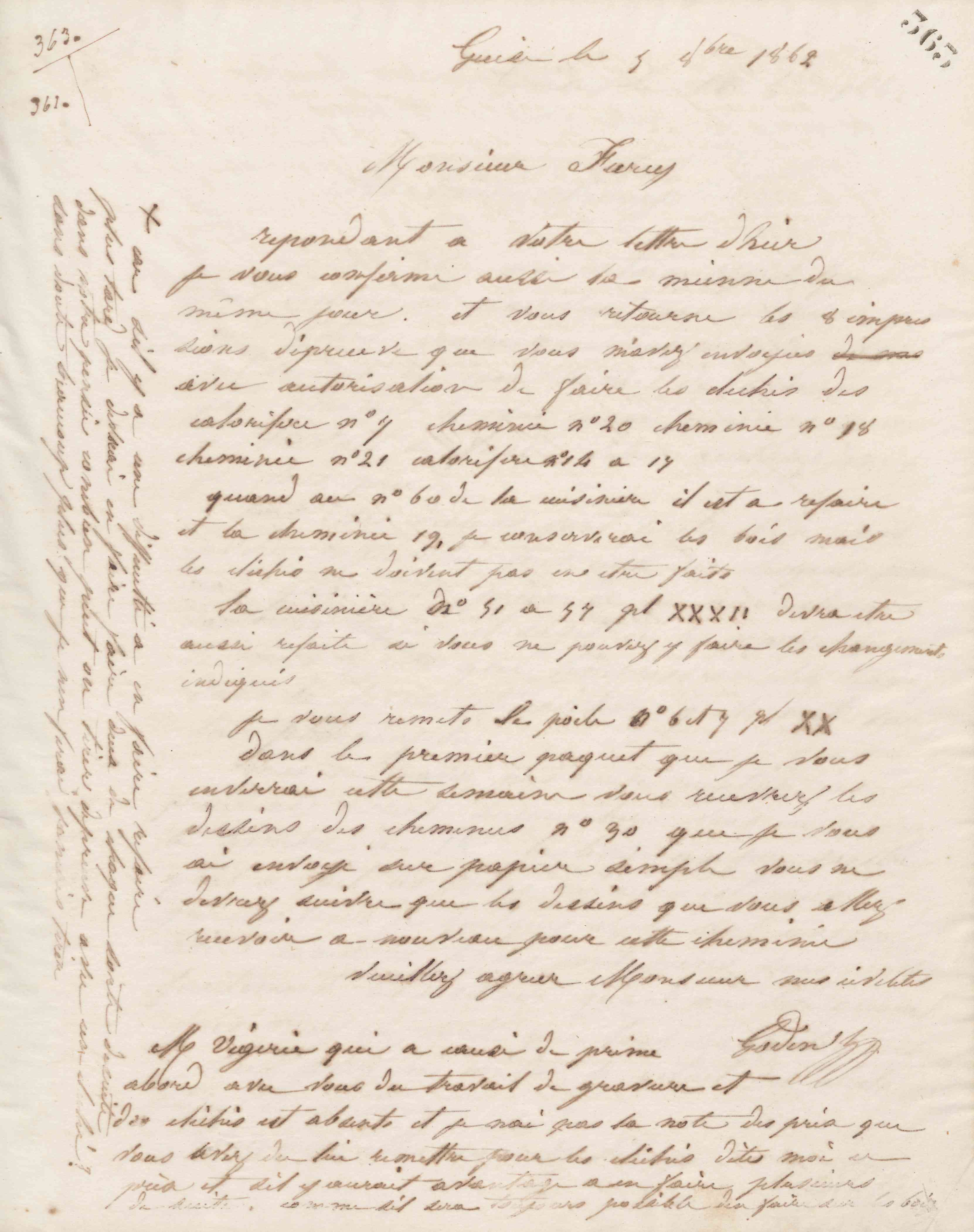 Jean-Baptiste André Godin à monsieur C. H. Furcy, 5 octobre 1862