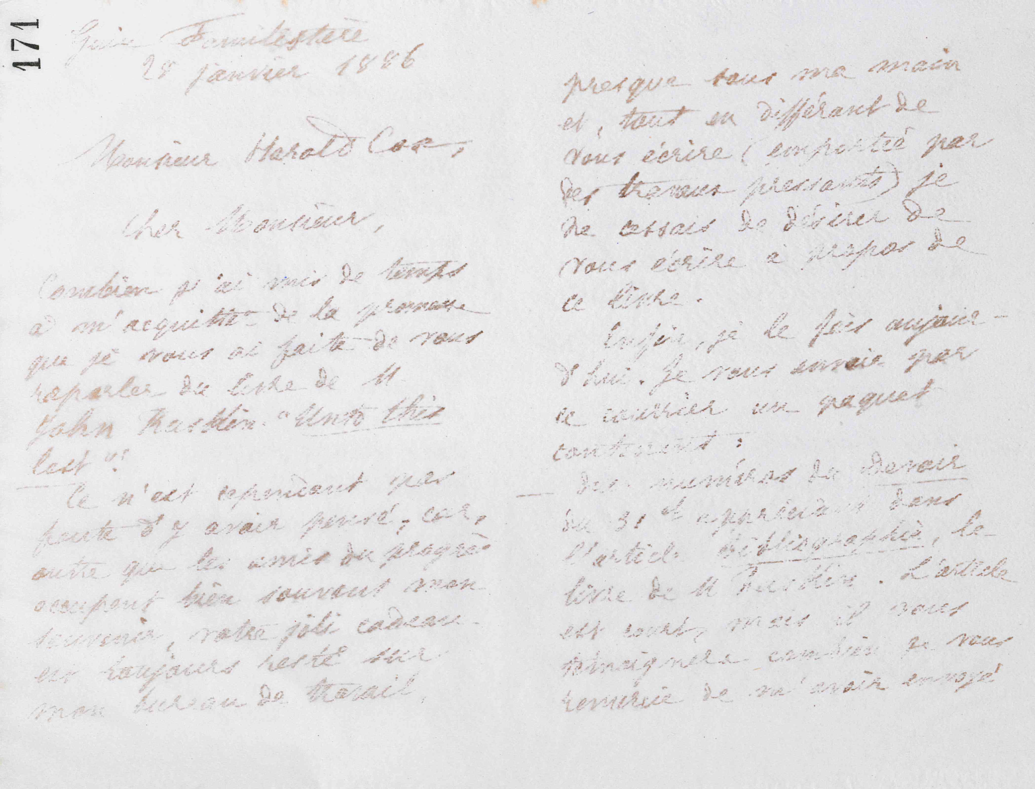 Marie Moret à Harold Cox, 28 janvier 1886 Marie Moret à Harold Cox, 28 janvier 1886