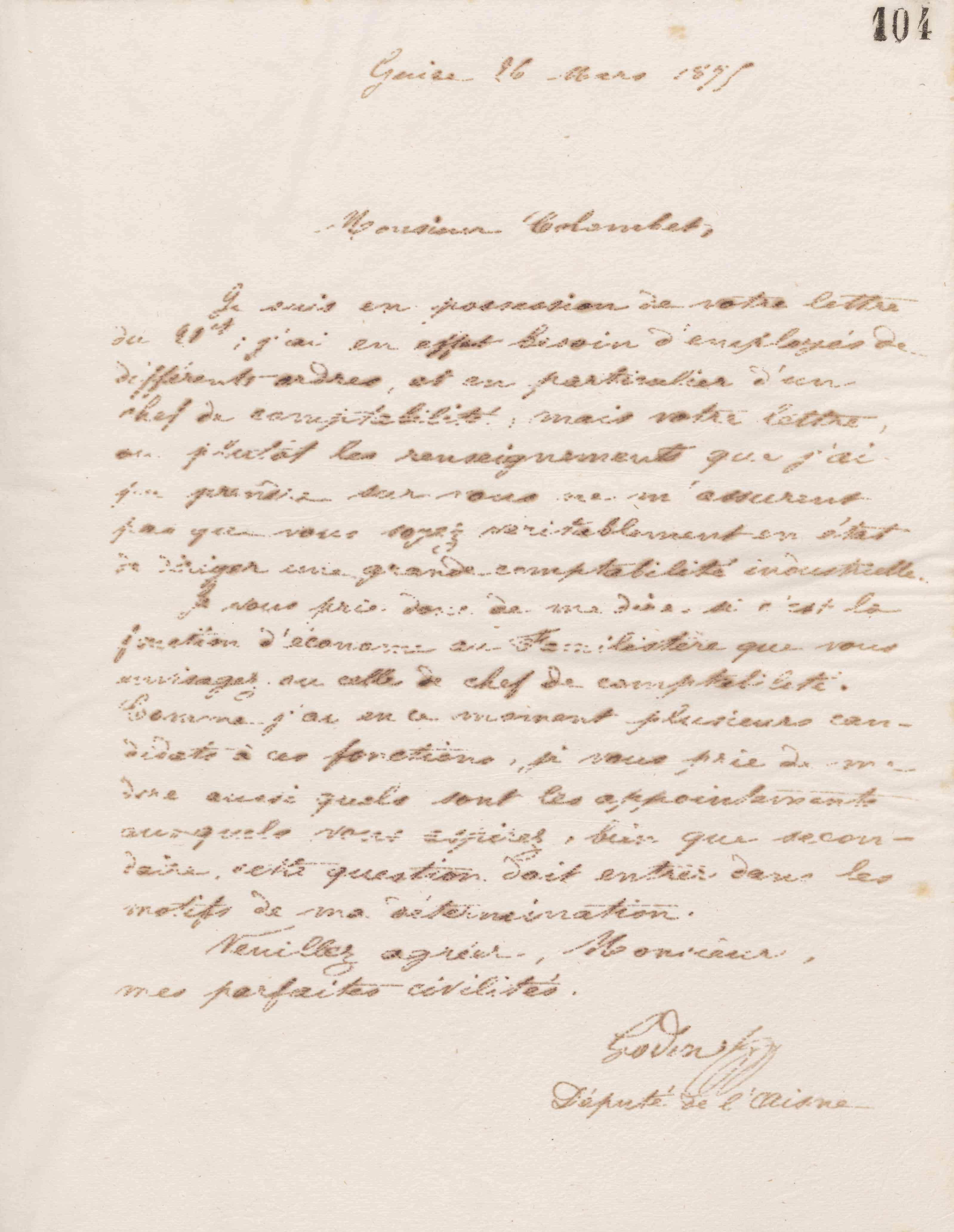Jean-Baptiste André Godin à monsieur Colombet, 26 mars 1875