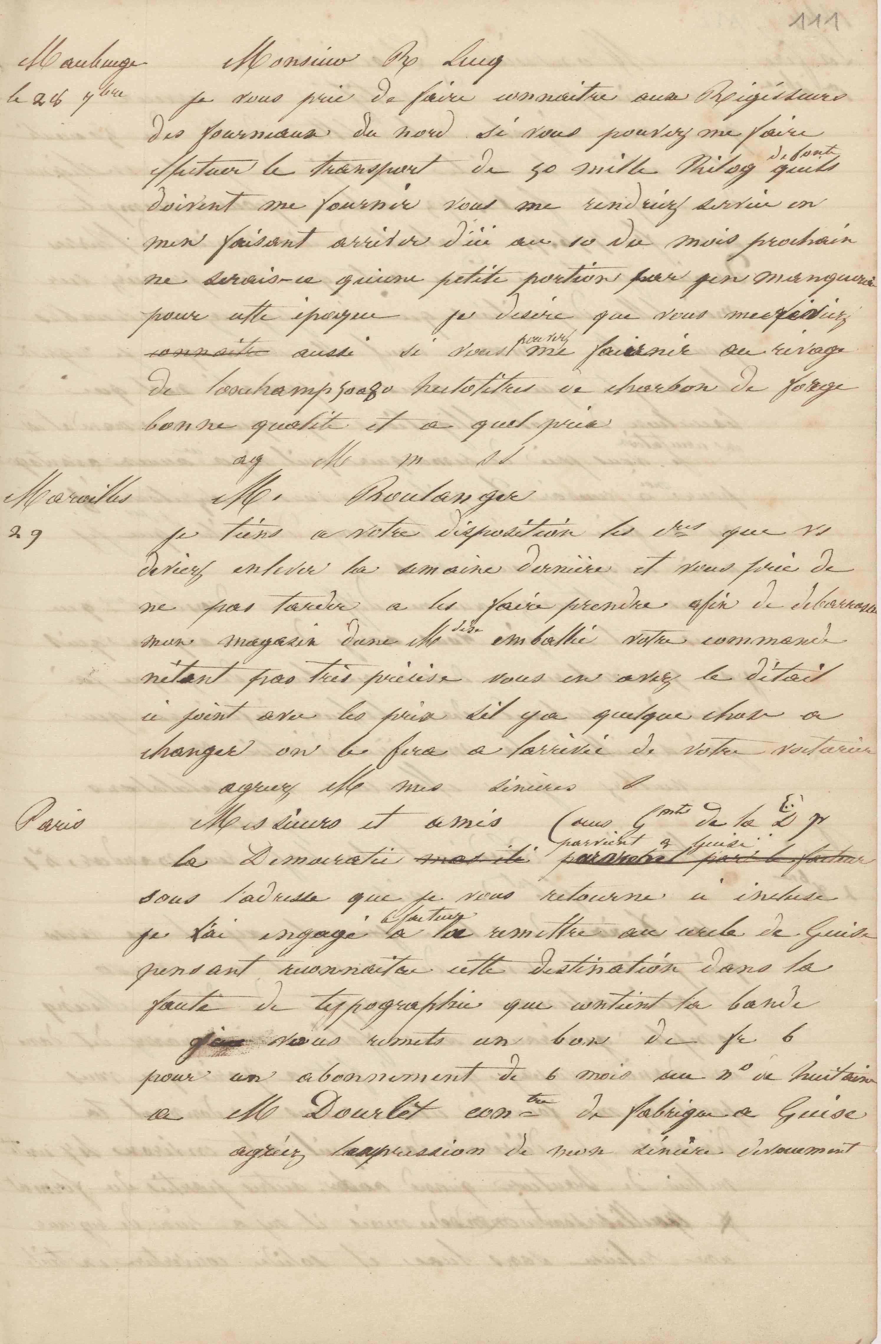 Jean-Baptiste André Godin à monsieur Boulanger, 29 septembre 1847