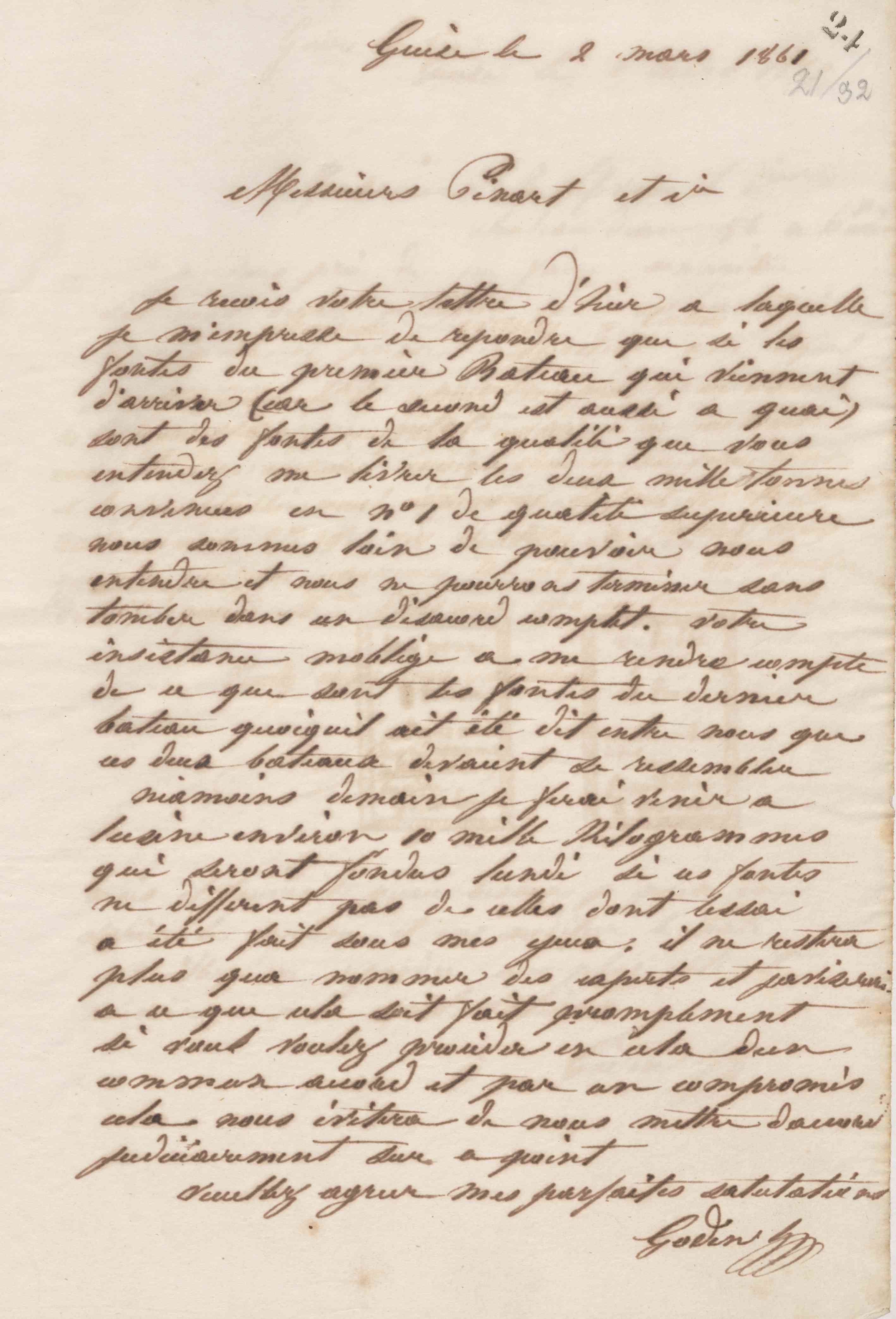 Jean-Baptiste André Godin à Pinart et Cie, 2 mars 1861