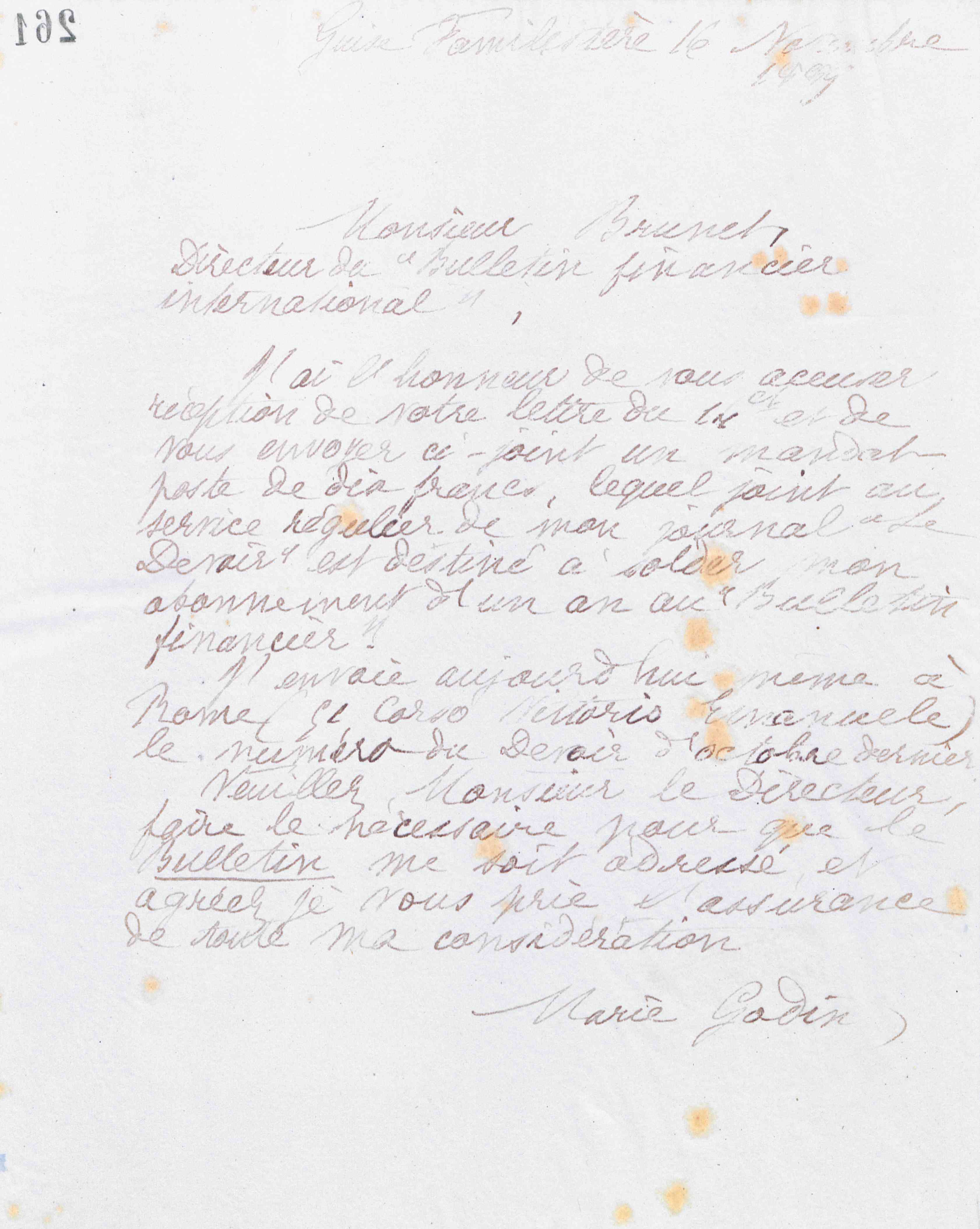 Marie Moret à monsieur Brunet, directeur du Bulletin financier international, 16 novembre 1889