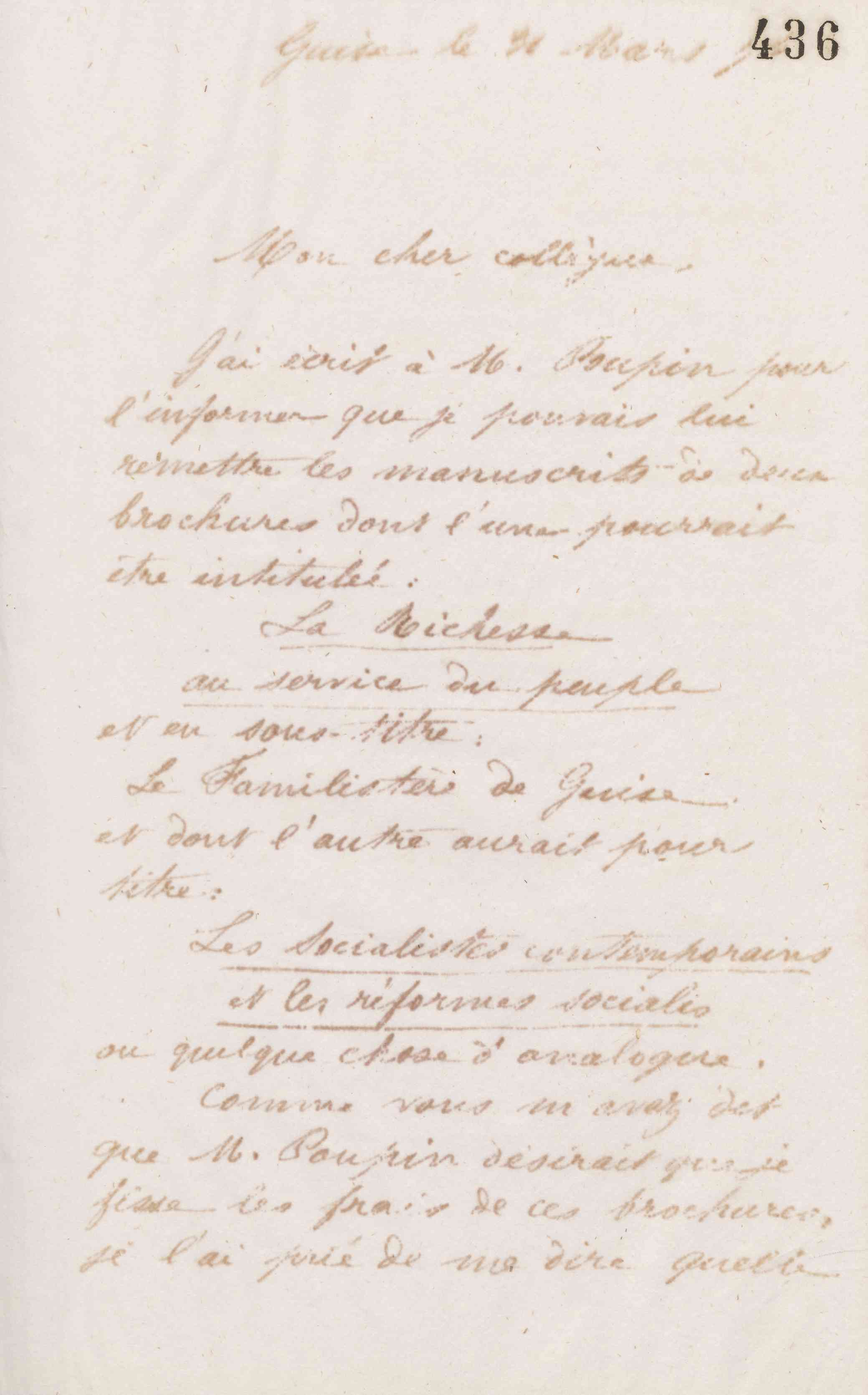 Jean-Baptiste André Godin à Wladimir Gagneur, 31 mars 1874 Jean-Baptiste André Godin à Wladimir Gagneur, 31 mars 1874