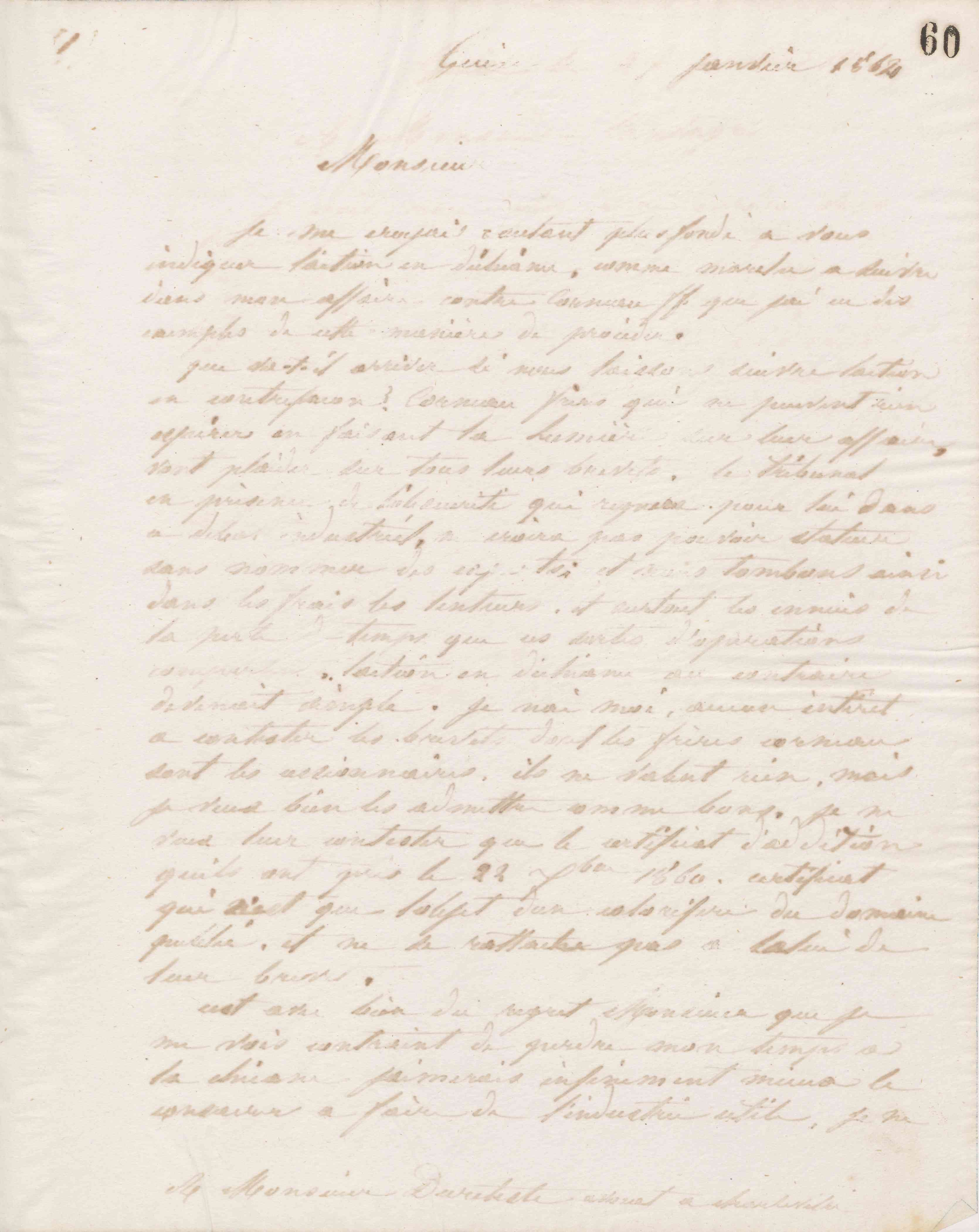 Jean-Baptiste André Godin à monsieur Dureteste, janvier 1864