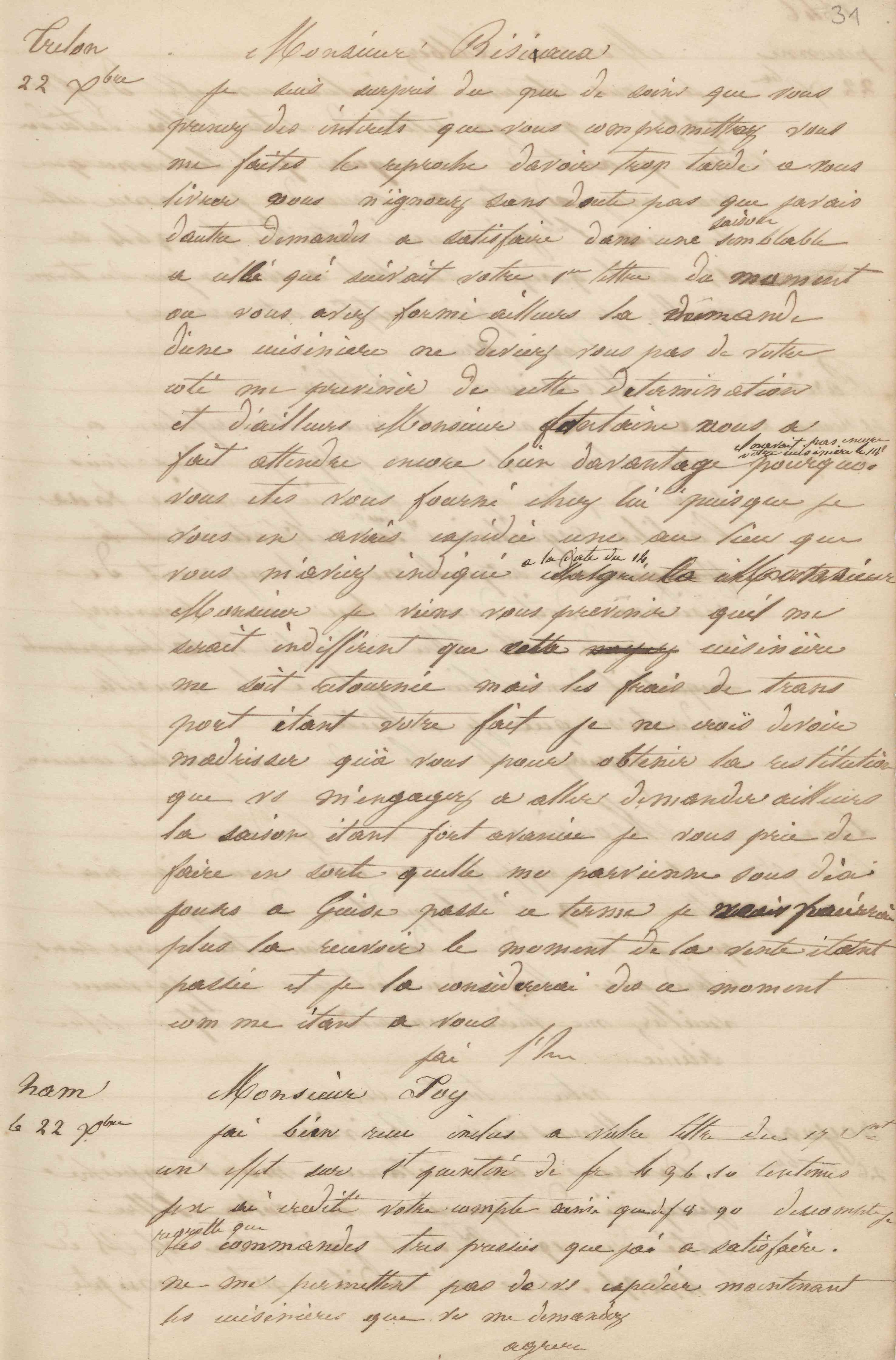 Jean-Baptiste André Godin à monsieur Foy, 22 décembre 1846 Jean-Baptiste André Godin à monsieur Foy, 22 décembre 1846