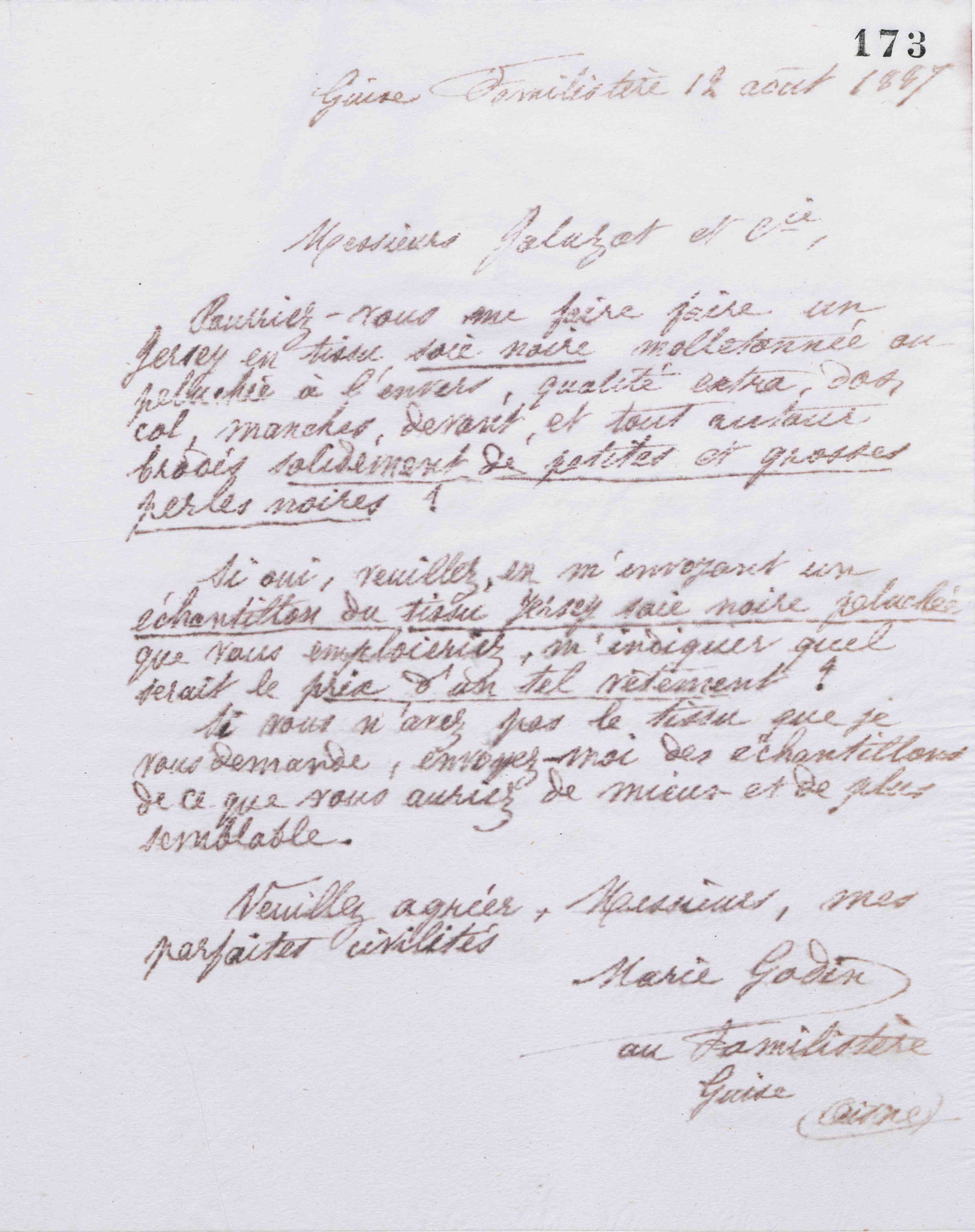 Marie Moret à Jaluzot et Cie, 12 août 1887