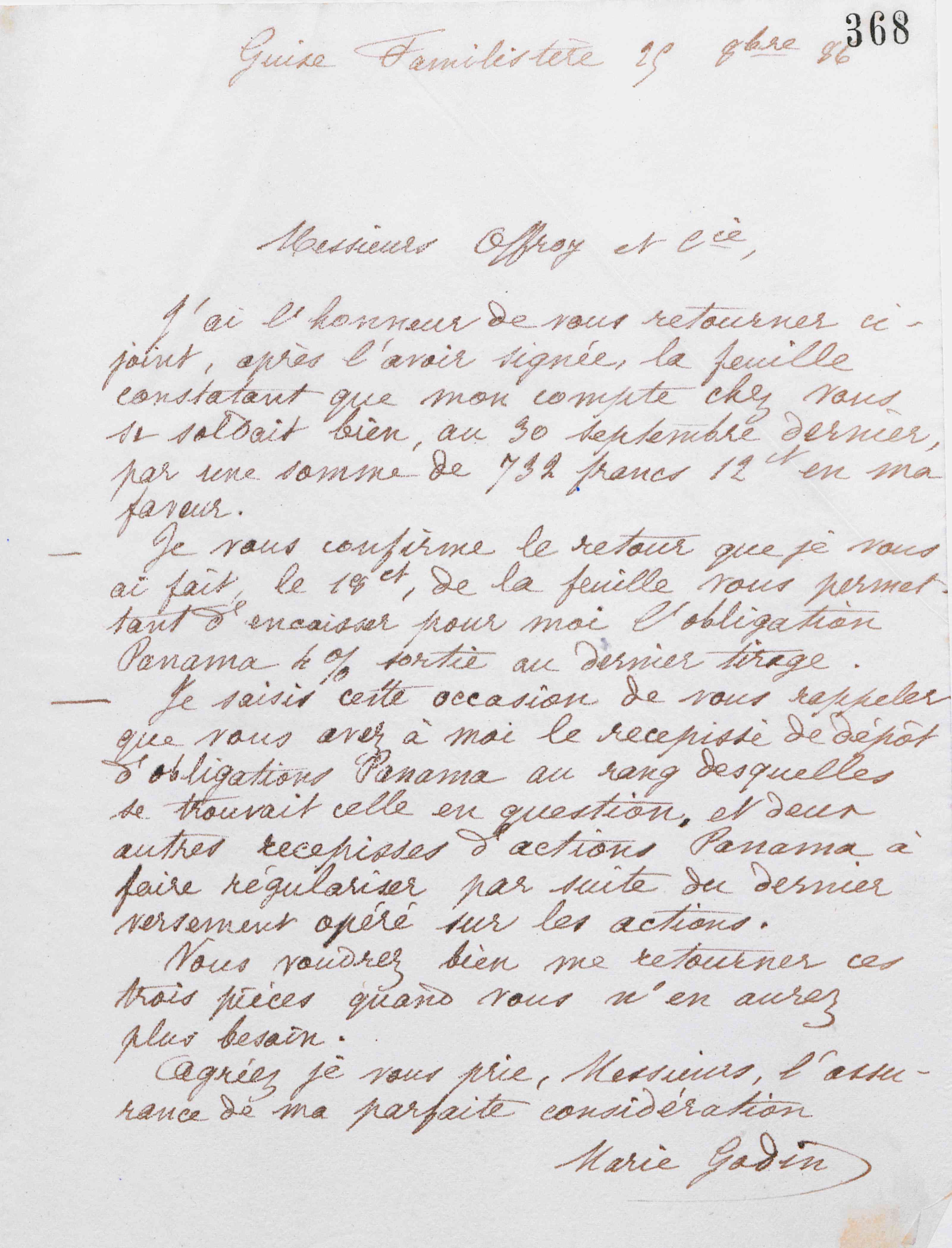 Marie Moret à Offroy et Cie, 25 octobre 1886