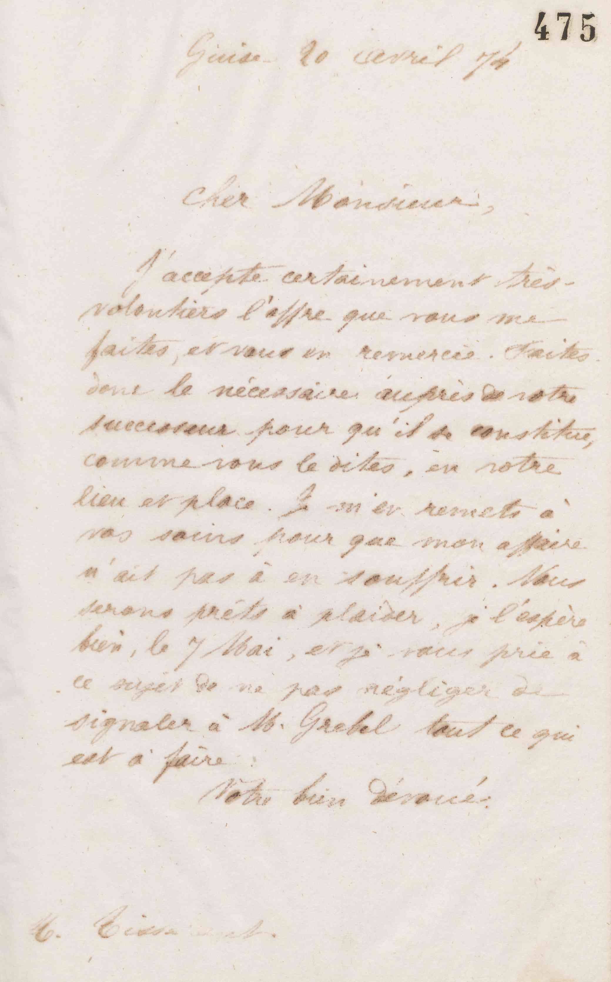 Jean-Baptiste André Godin à Alexandre Tisserant, 20 avril 1874
