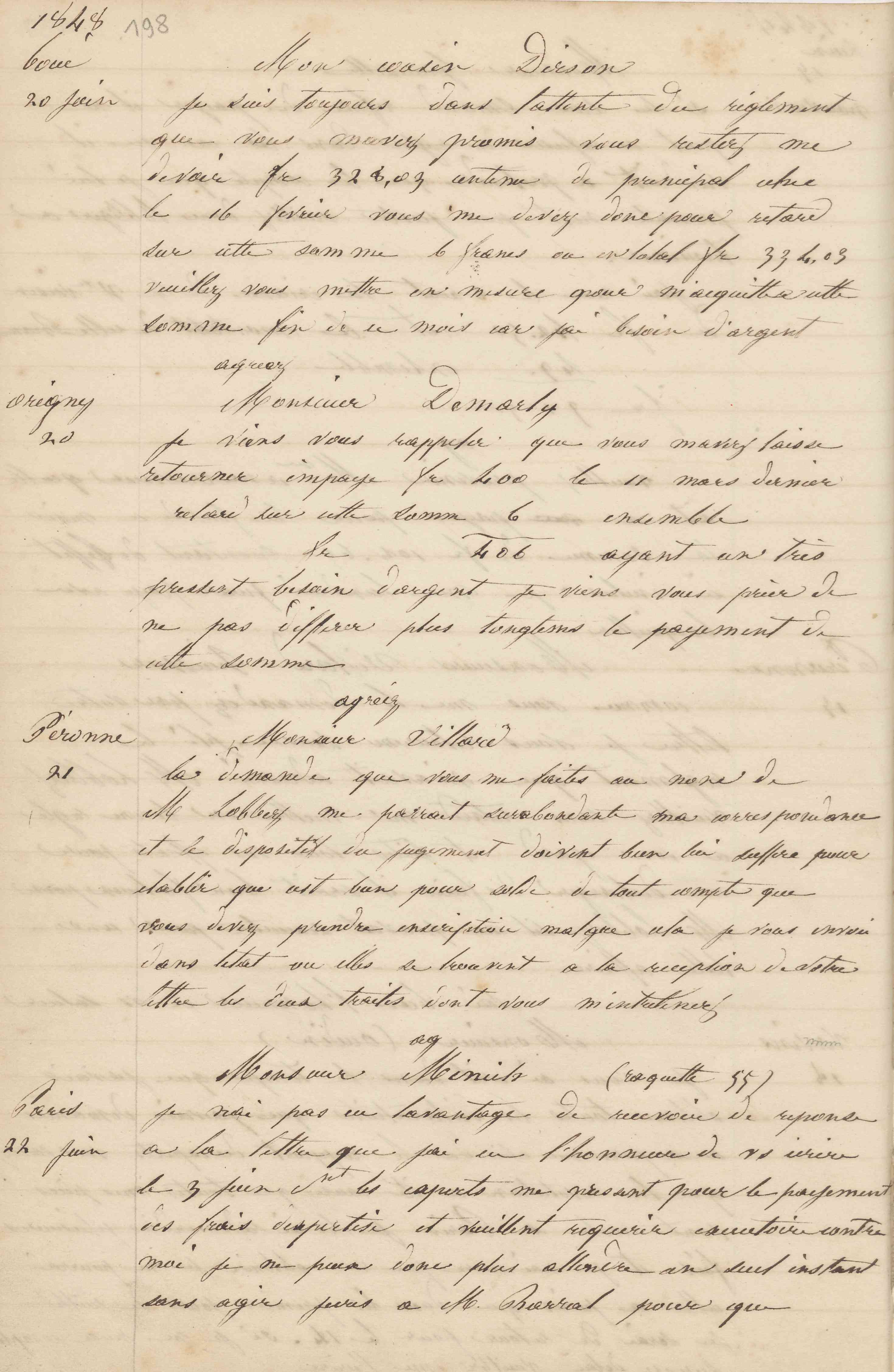 Jean-Baptiste André Godin à monsieur Demarlies, 20 juin 1848