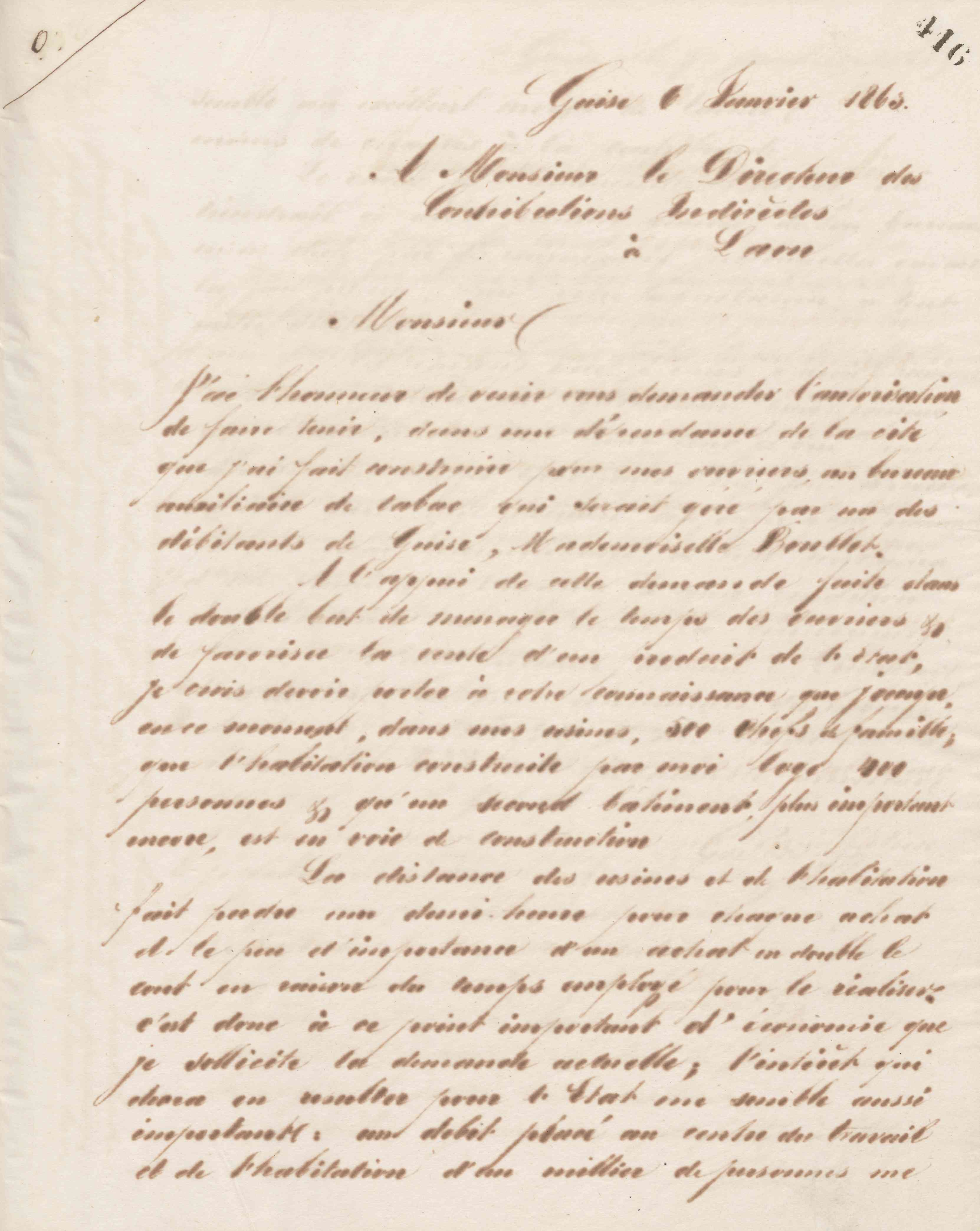 Jean-Baptiste André Godin à monsieur le directeur des contributions indirectes, 6 janvier 1863