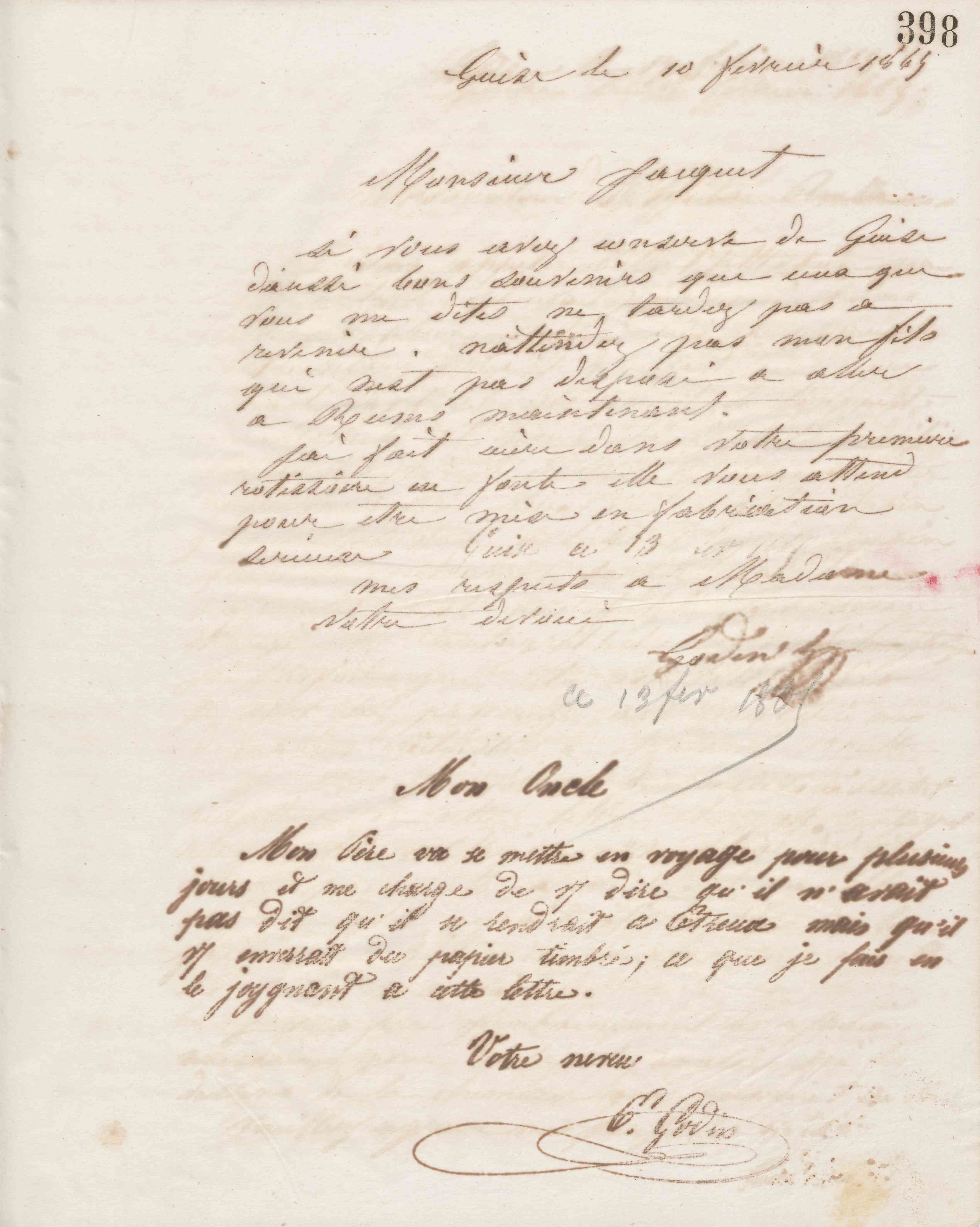 Jean-Baptiste André Godin à monsieur Jaquet, 10 février 1865 Jean-Baptiste André Godin à monsieur Jaquet, 10 février 1865
