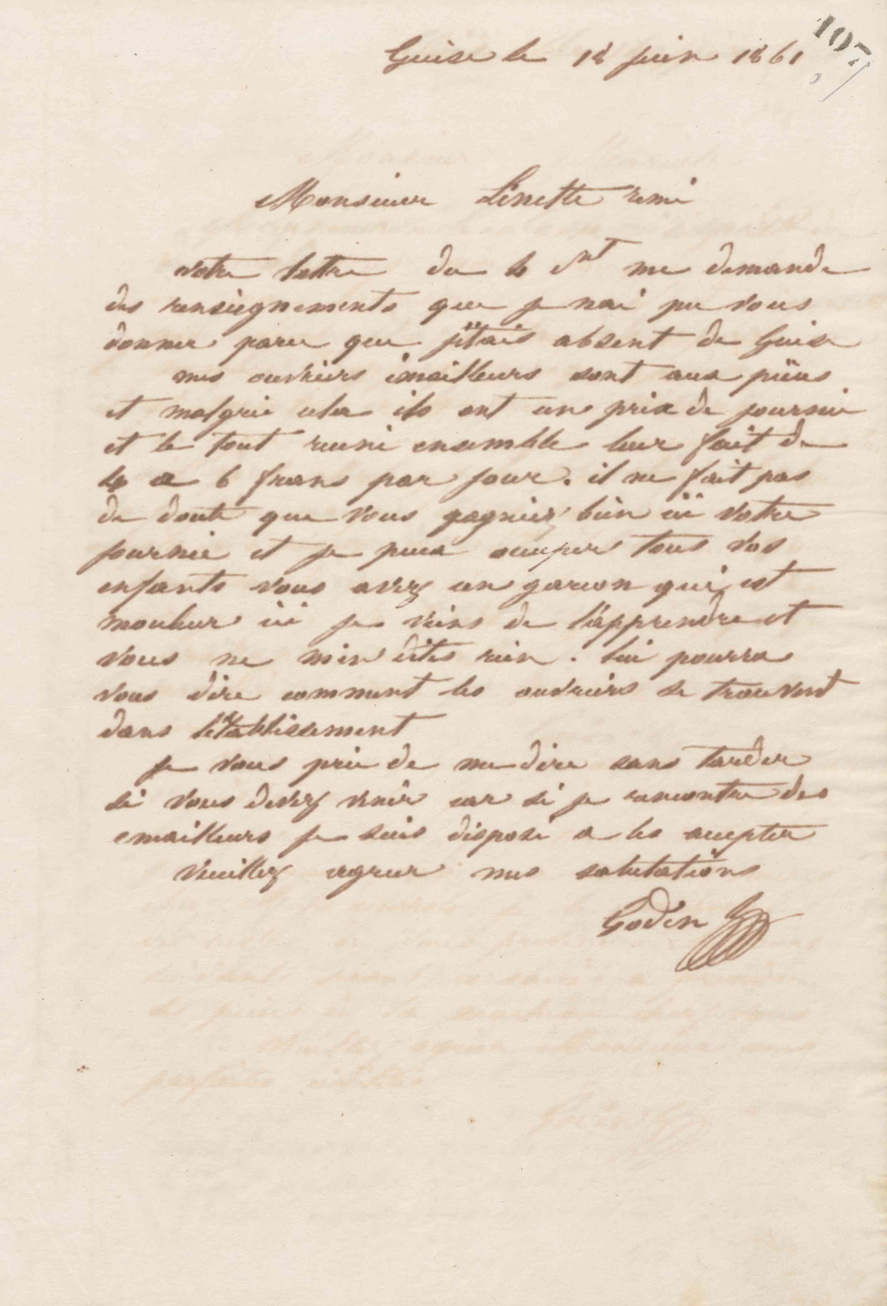 Jean-Baptiste André Godin à Rémi Linette, 18 juin 1861 Jean-Baptiste André Godin à Rémi Linette, 18 juin 1861