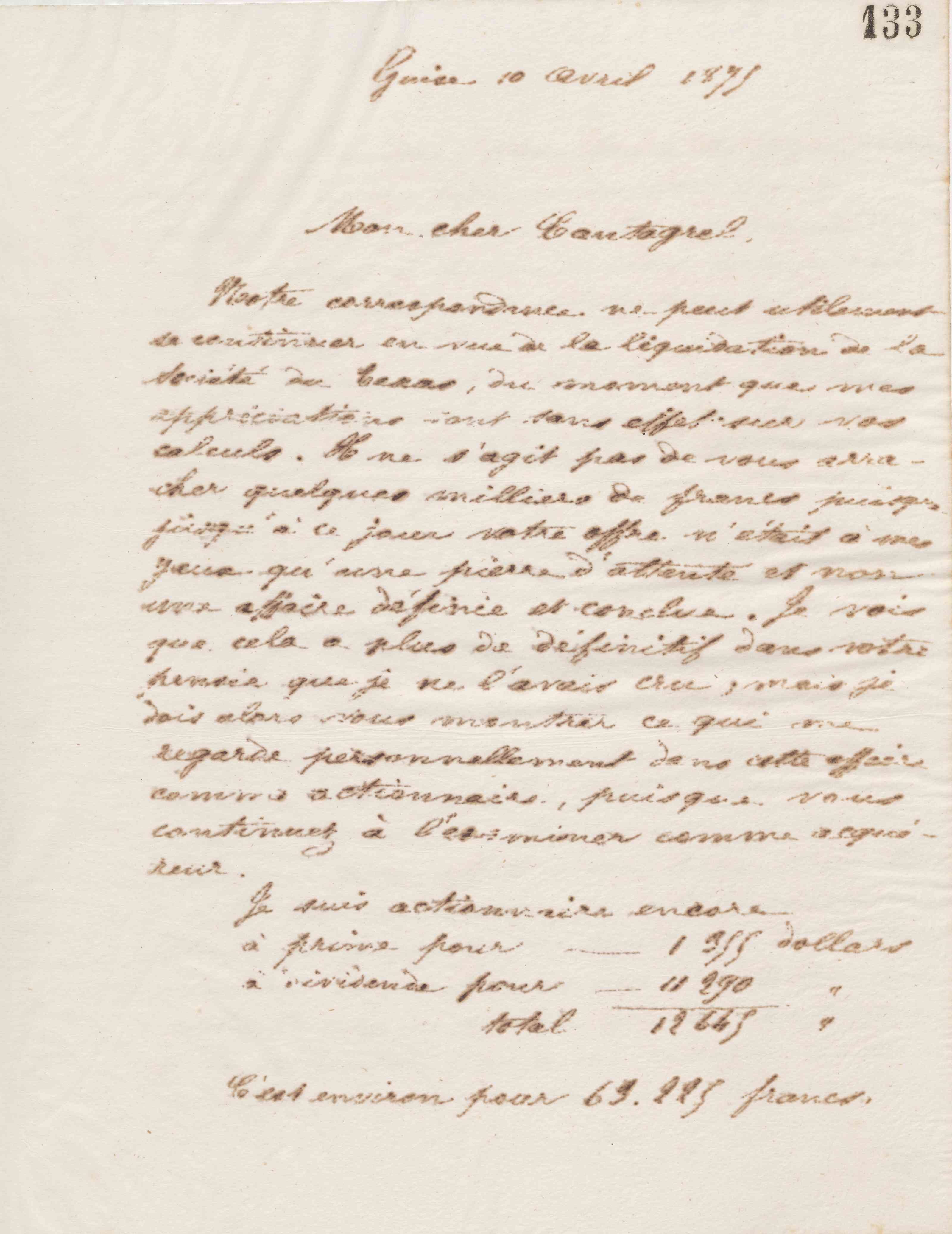 Jean-Baptiste André Godin à François Cantagrel, 10 avril 1875